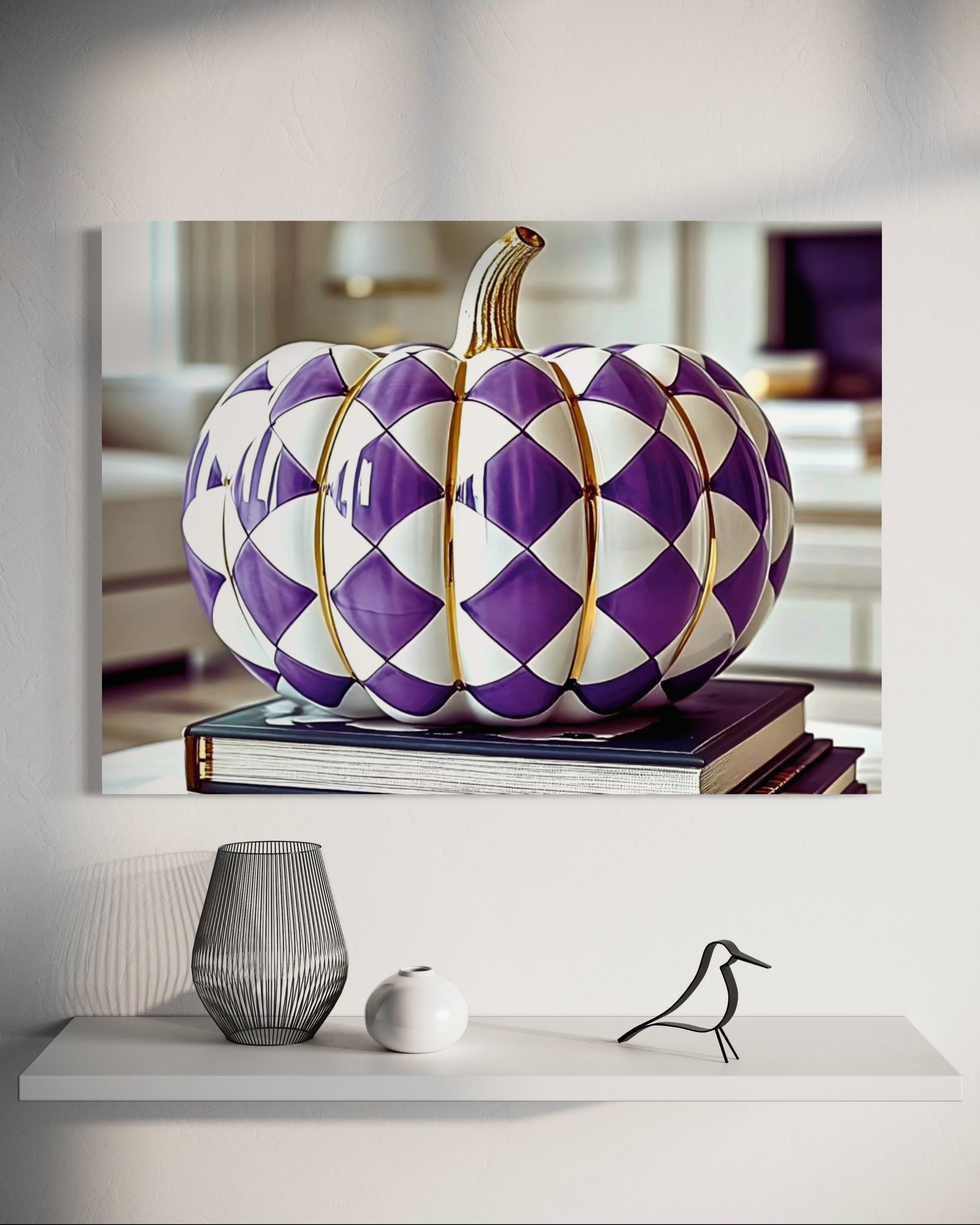 Purple and Gold Checkered Ceramic Pumpkin