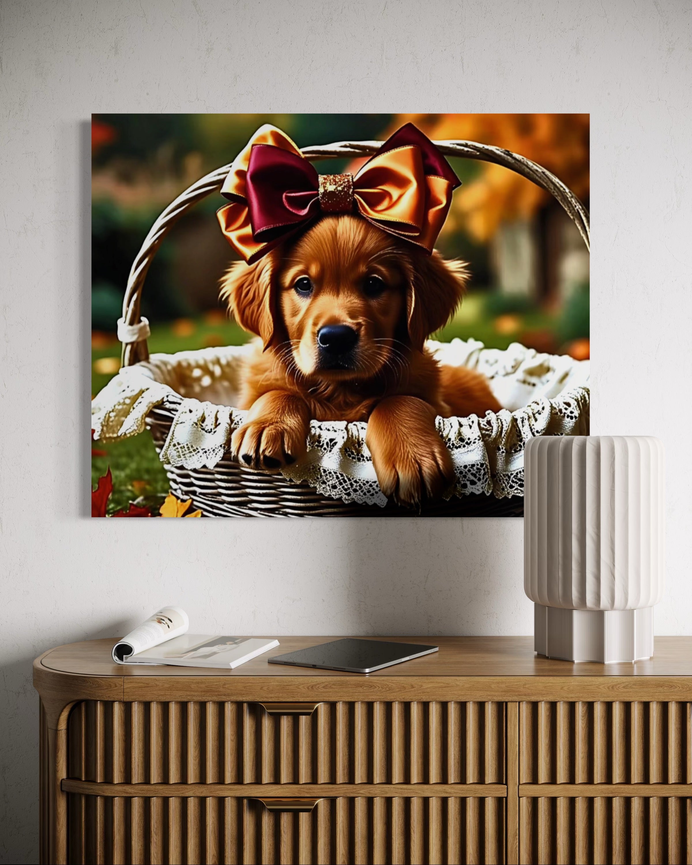 Autumn Golden Retriever Girl Puppy with a bow in a Basket