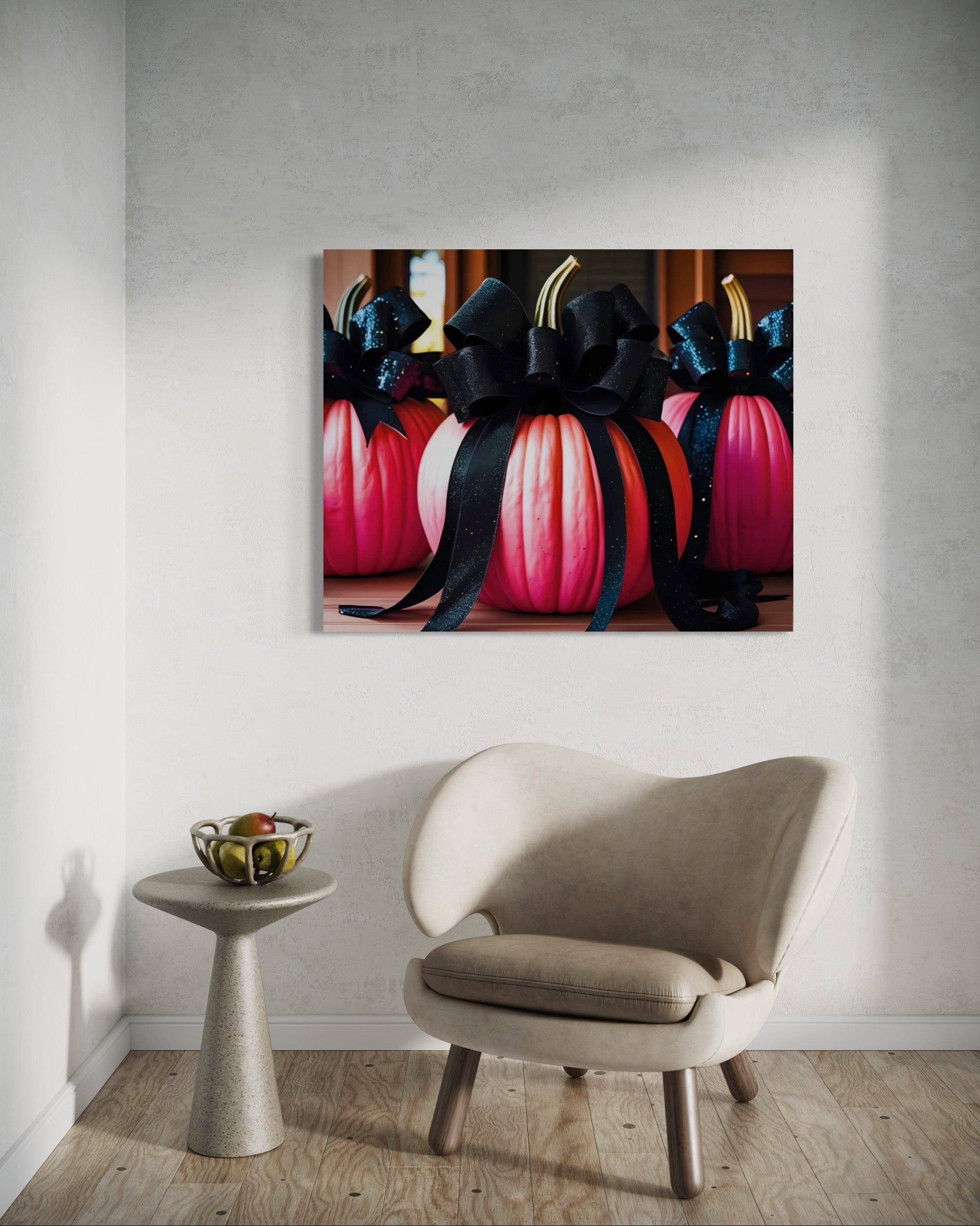 Pink Porch Pumpkins with Black Glittering and Velvet Bows