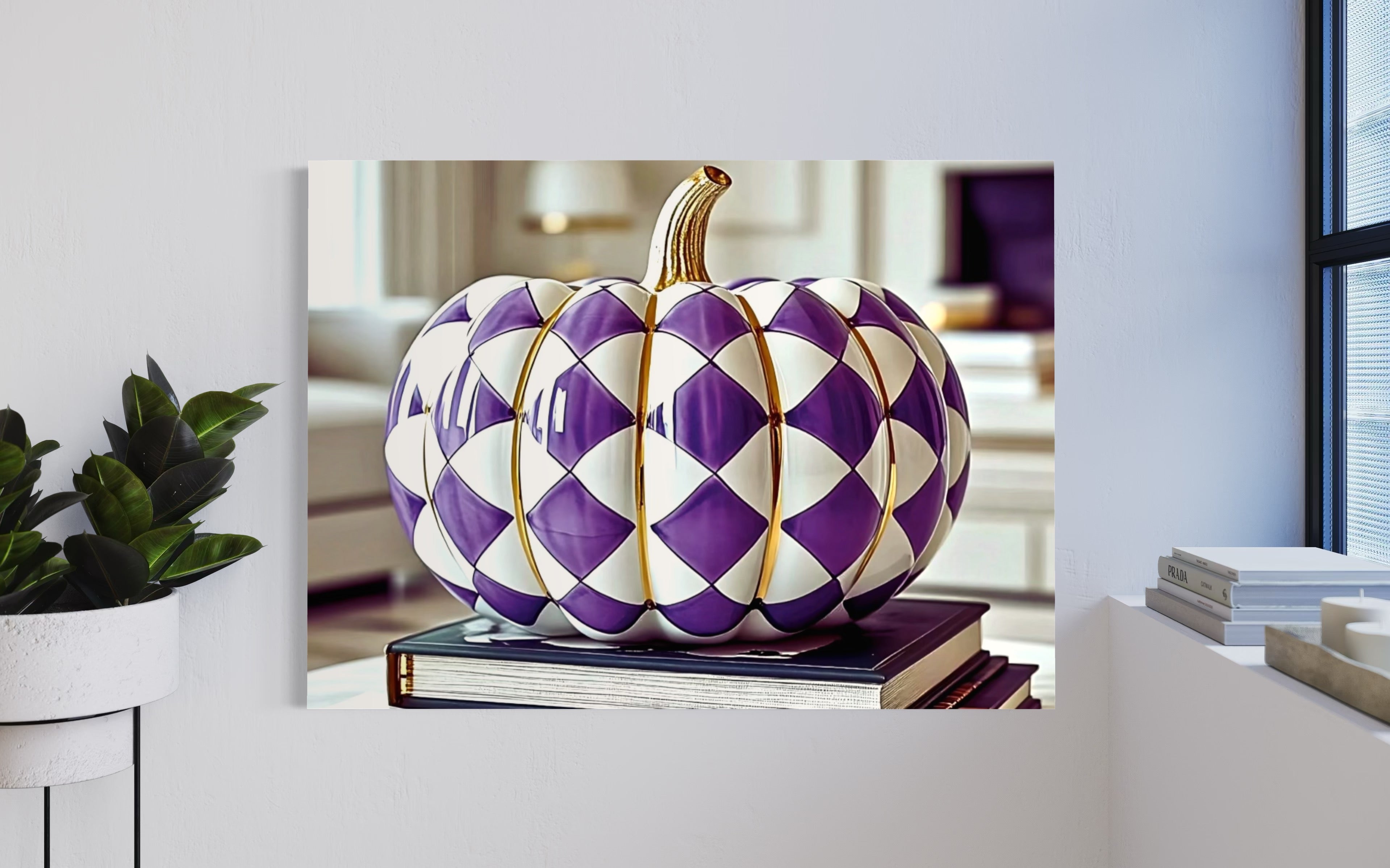 Purple and Gold Checkered Ceramic Pumpkin