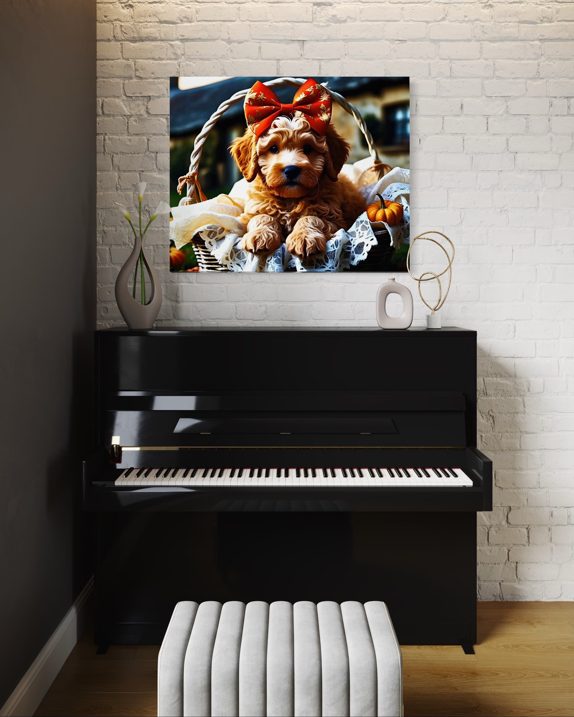 Autumn Goldendoodle Puppy with Bow in Basket