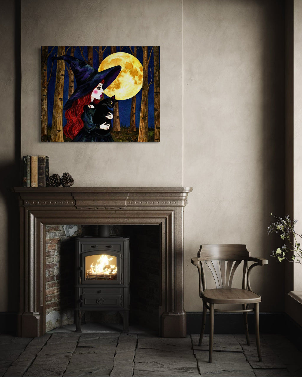 Red Witch with Cat in Moonlight