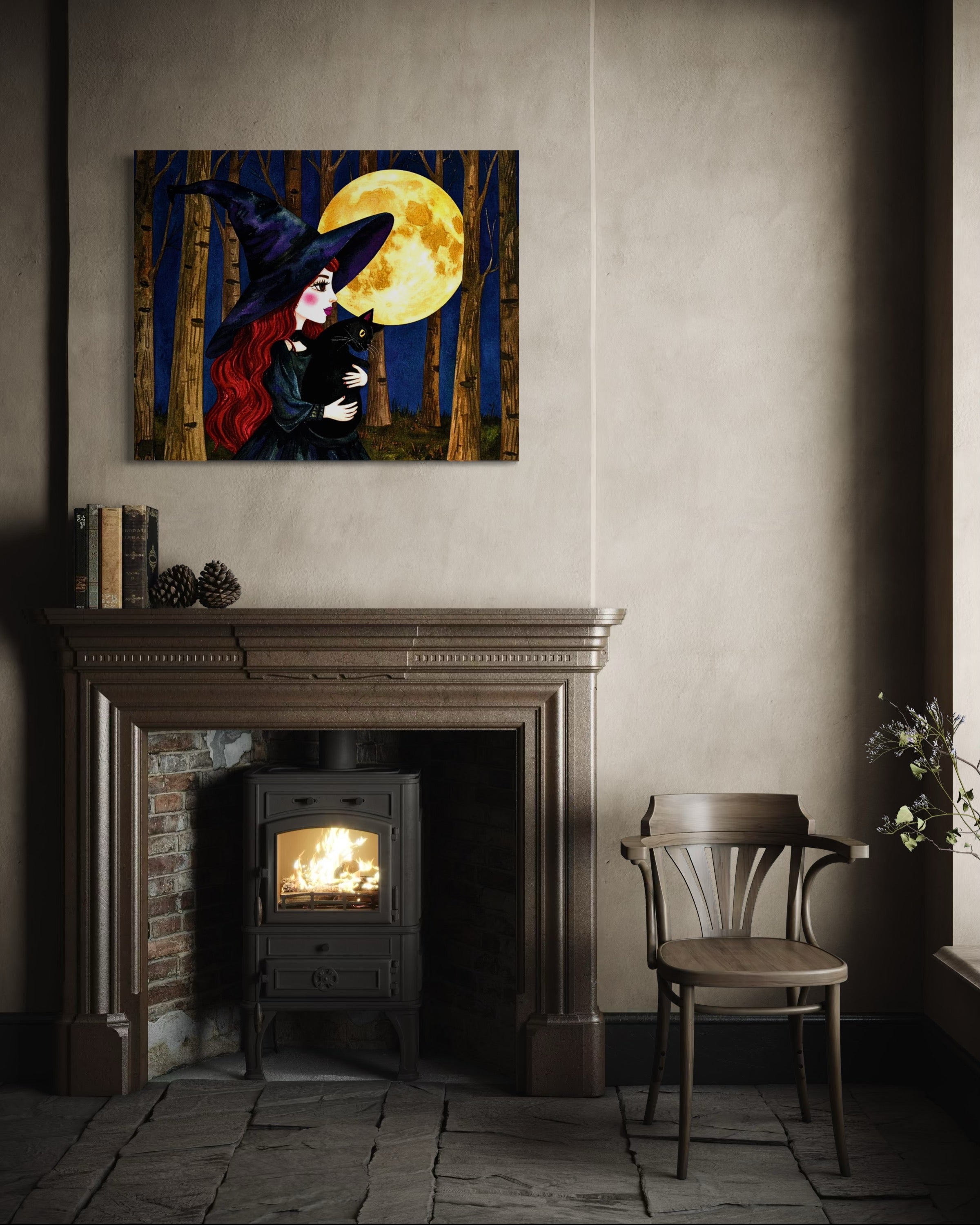 Red Witch with Cat in Moonlight