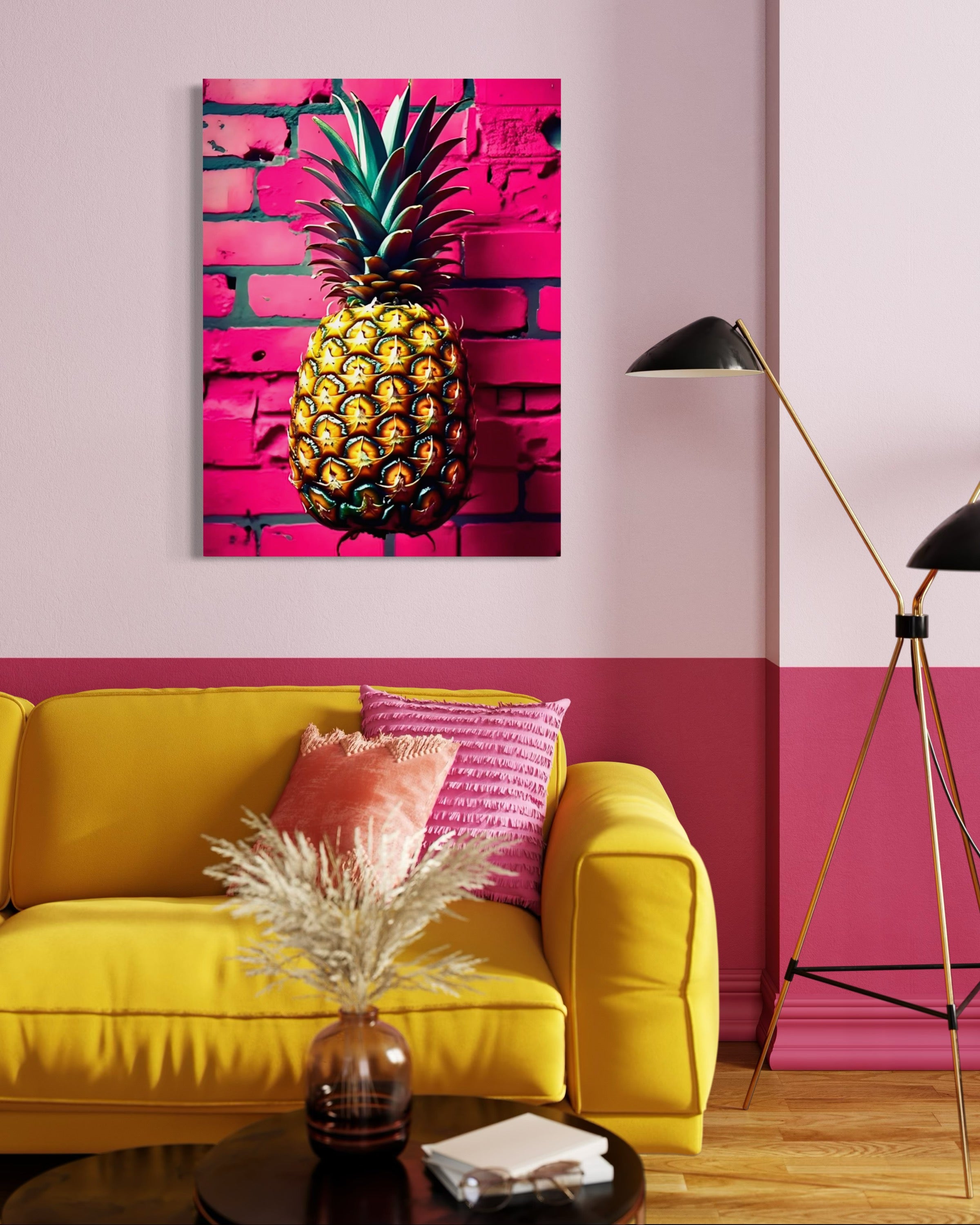 Vibrant Pineapple with Hot Pink Brick Background