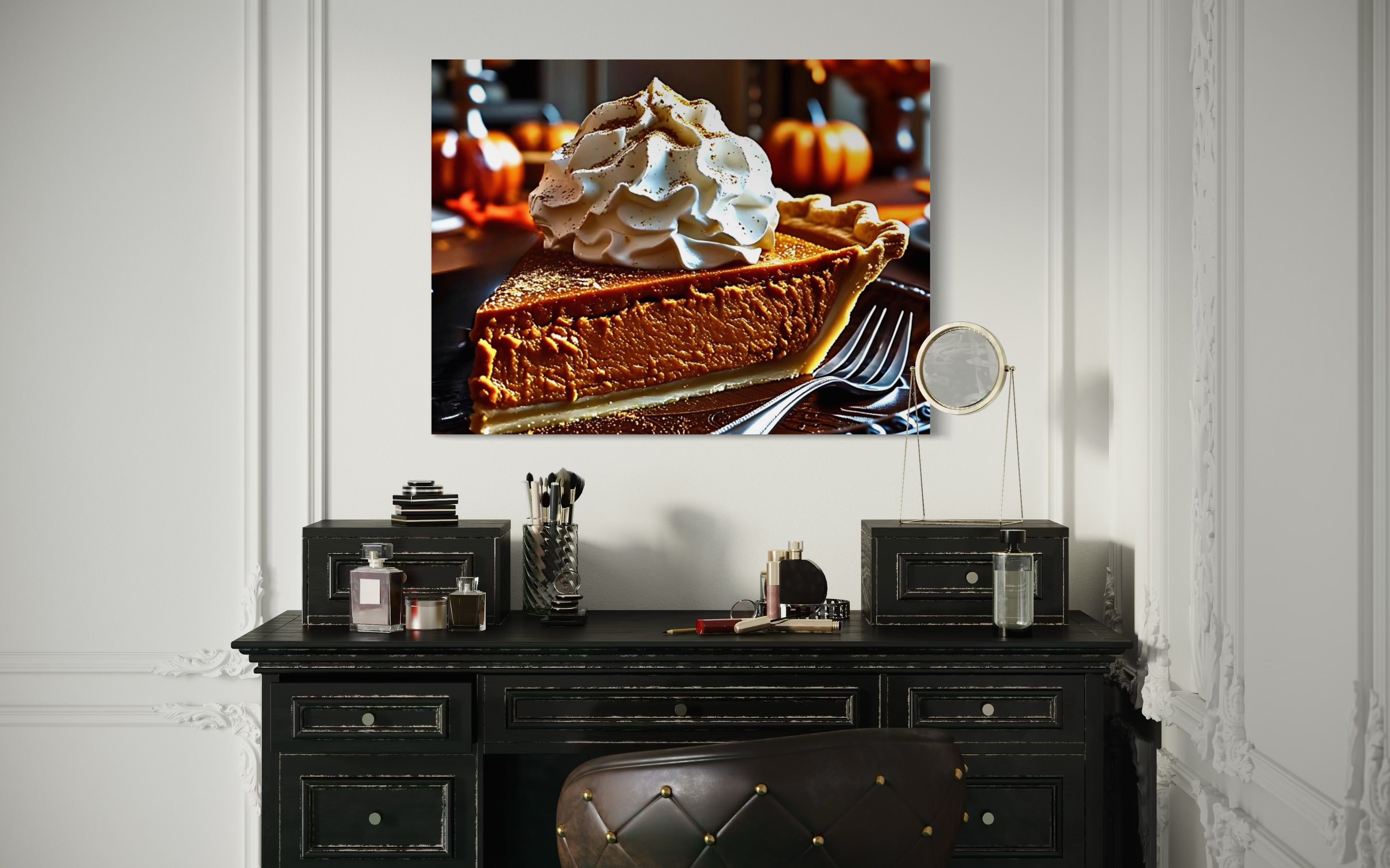 Pumpkin Pie Slice topped with Whipped Cream and Nutmeg