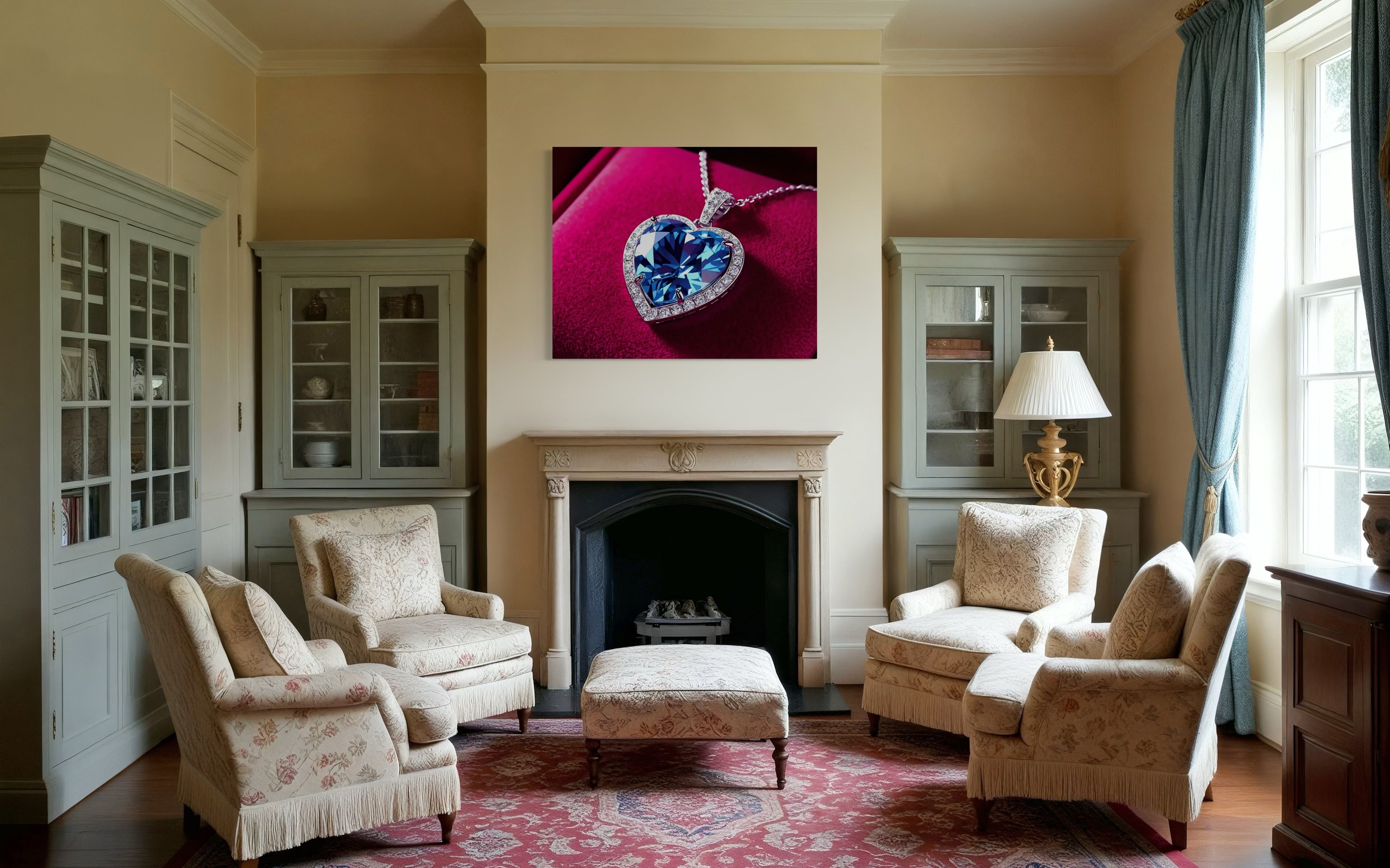 Blue Diamond Heart Necklace on Pink Velvet Museum Print