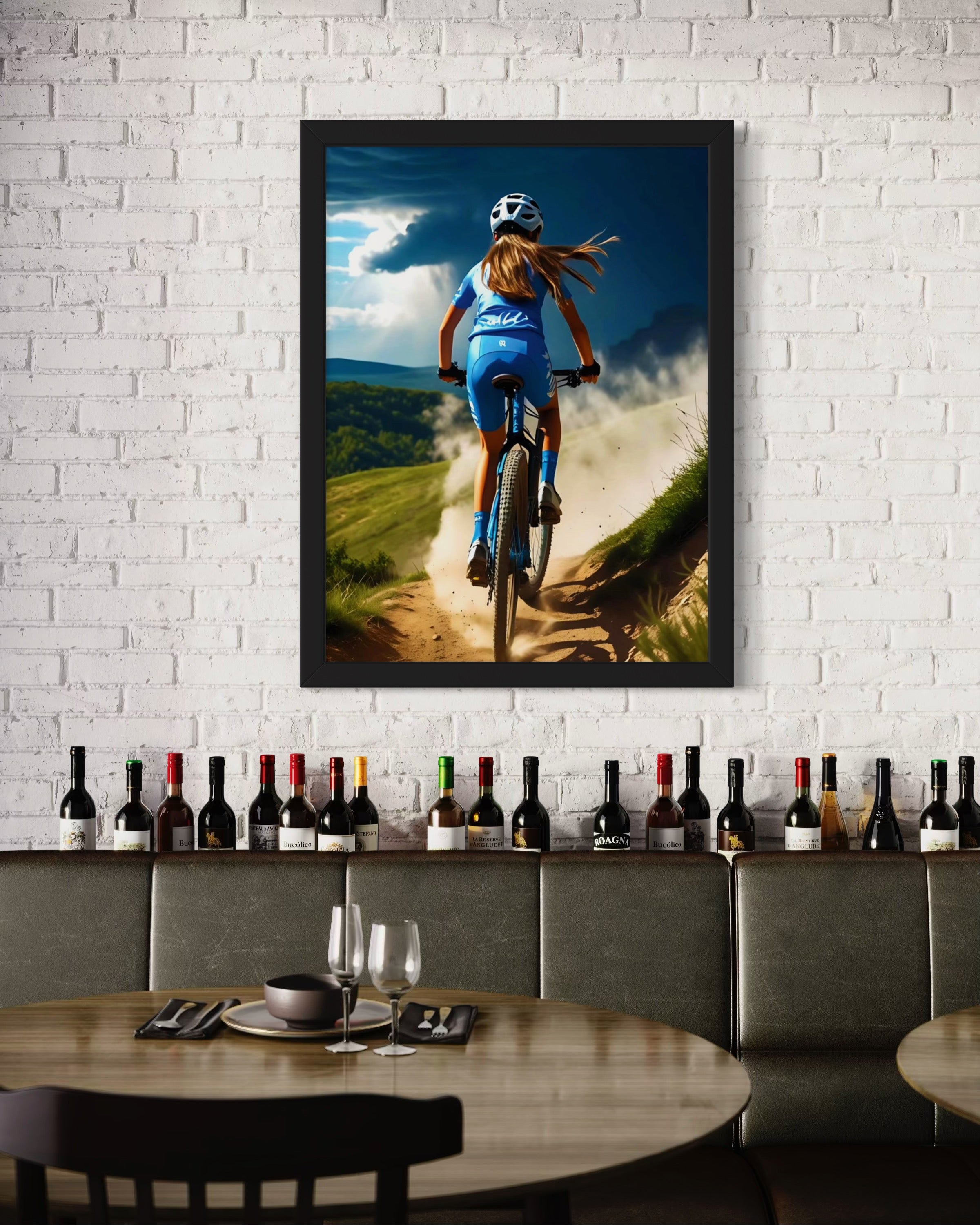 Girl Mountain Biking Blue Museum Print
