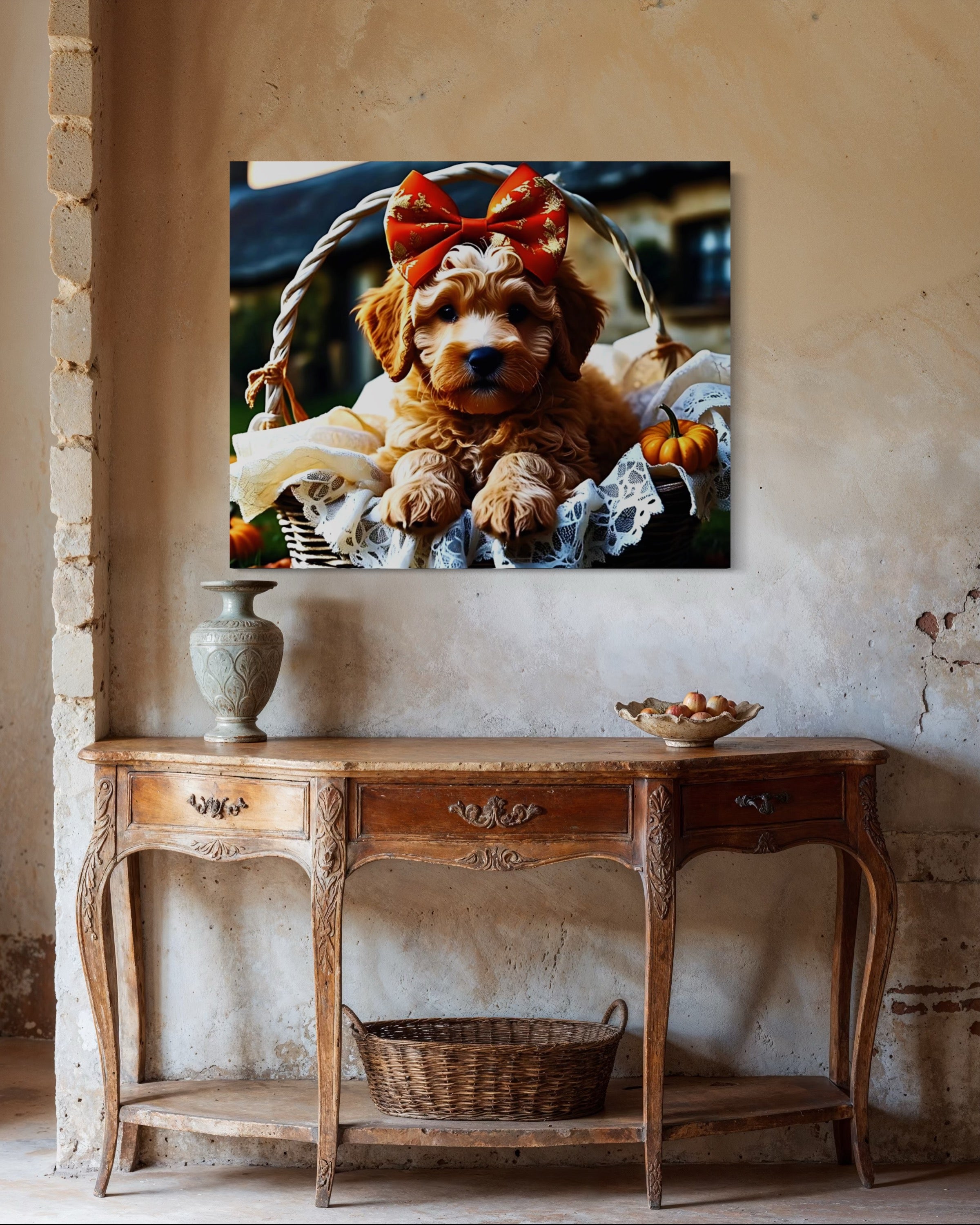 Autumn Goldendoodle Puppy with Bow in Basket