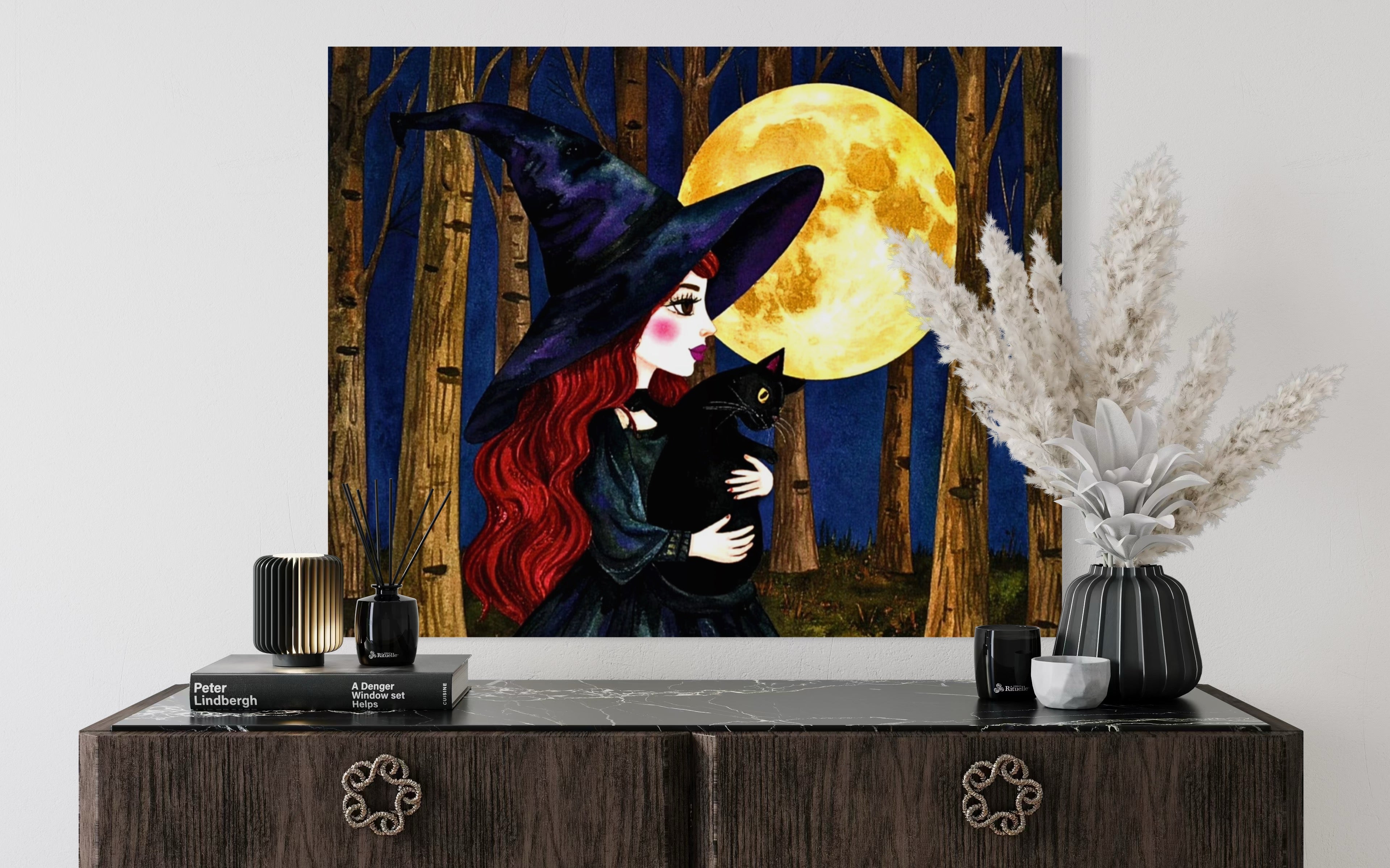 Red Witch with Cat in Moonlight