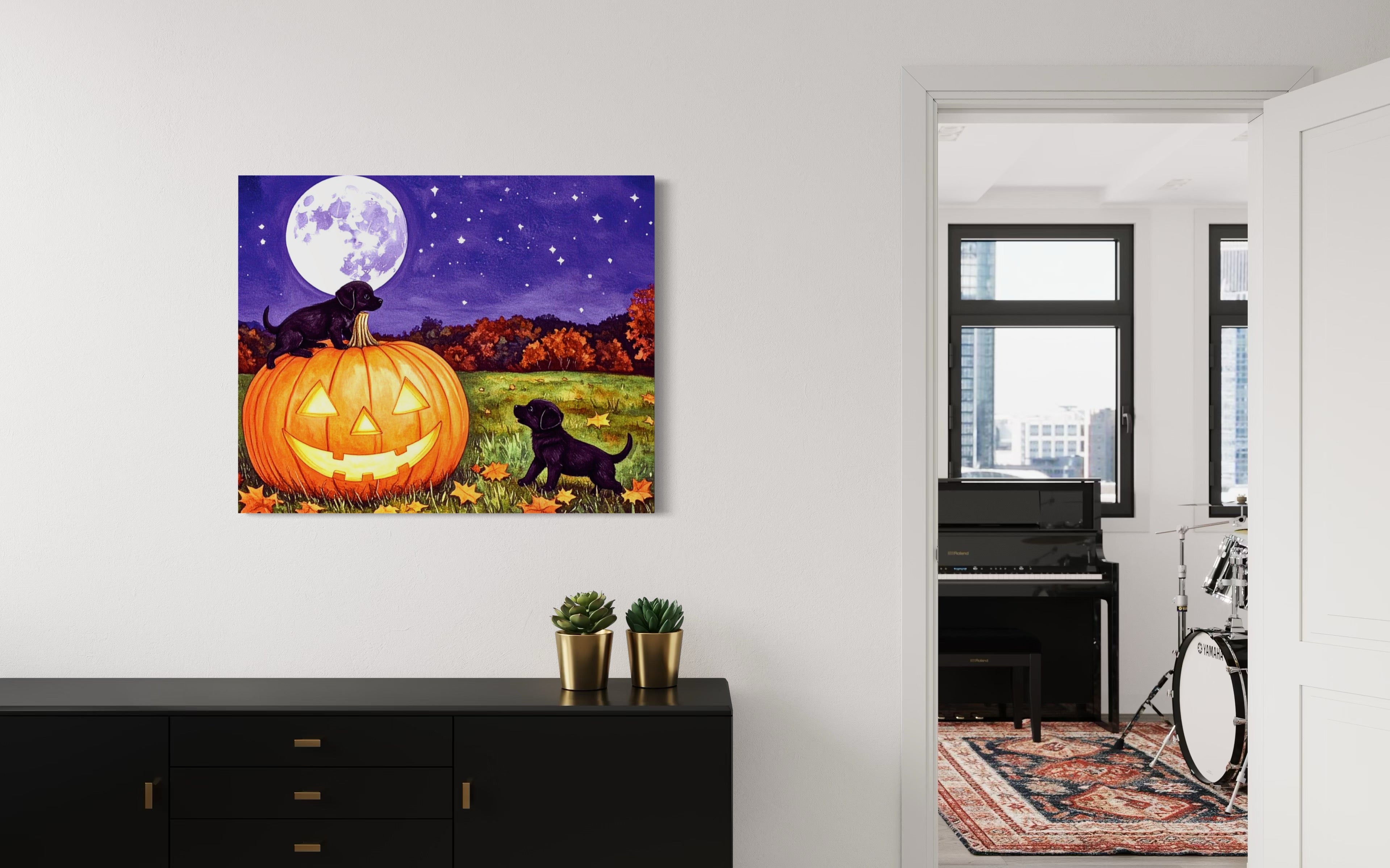 Puppies play on a Pumpkin