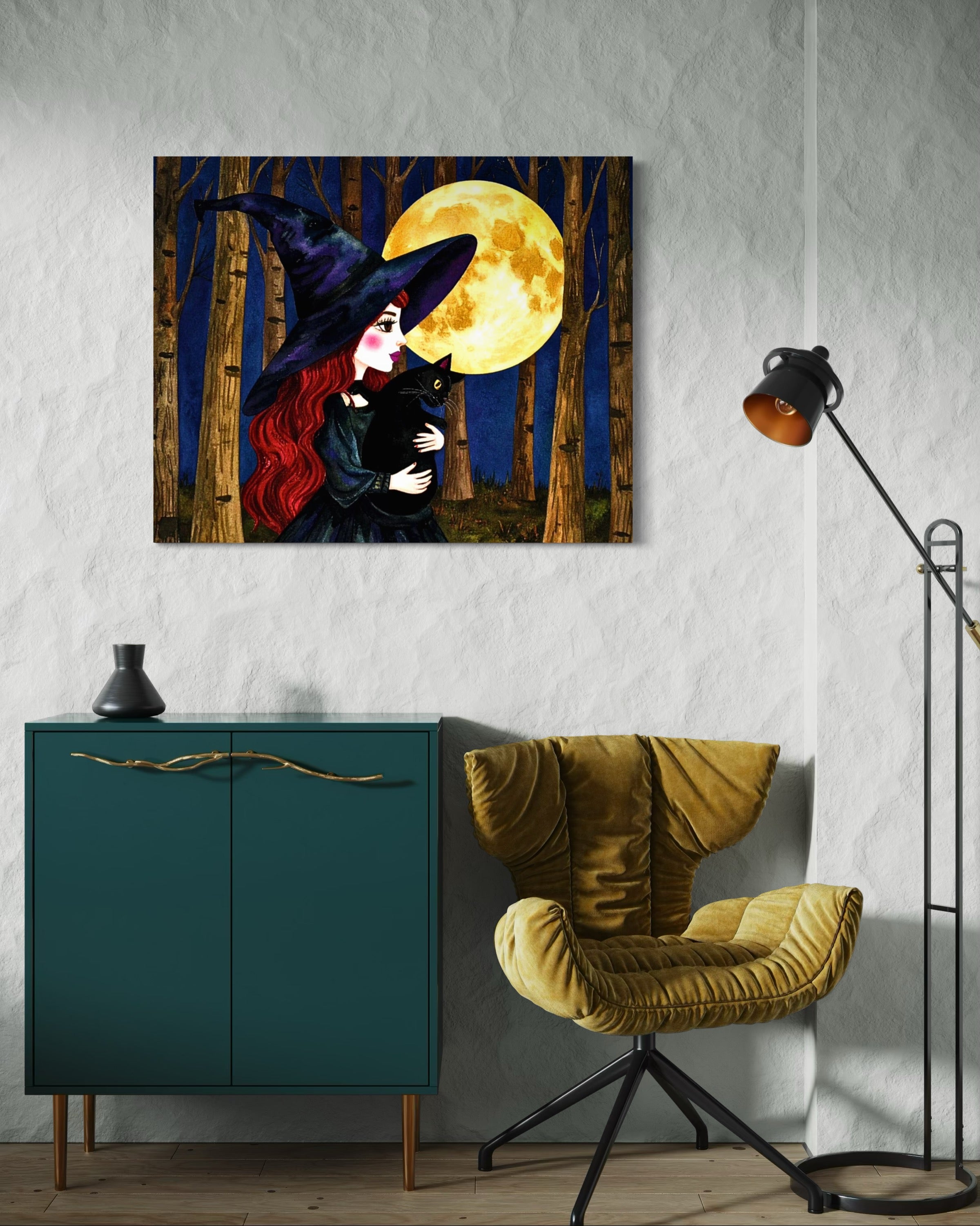 Red Witch with Cat in Moonlight