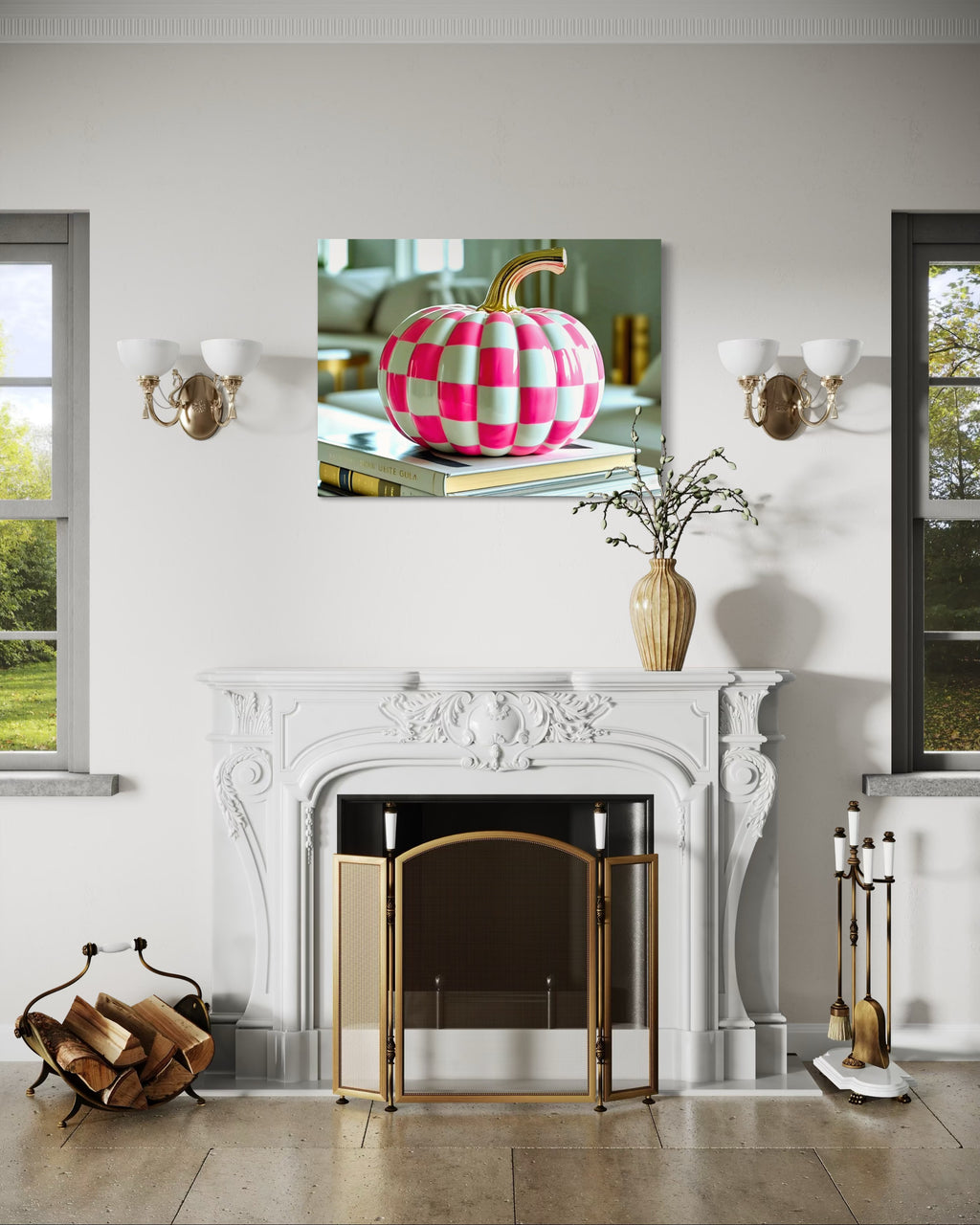 Pink and White Checkered Gold Stem Ceramic Pumpkin