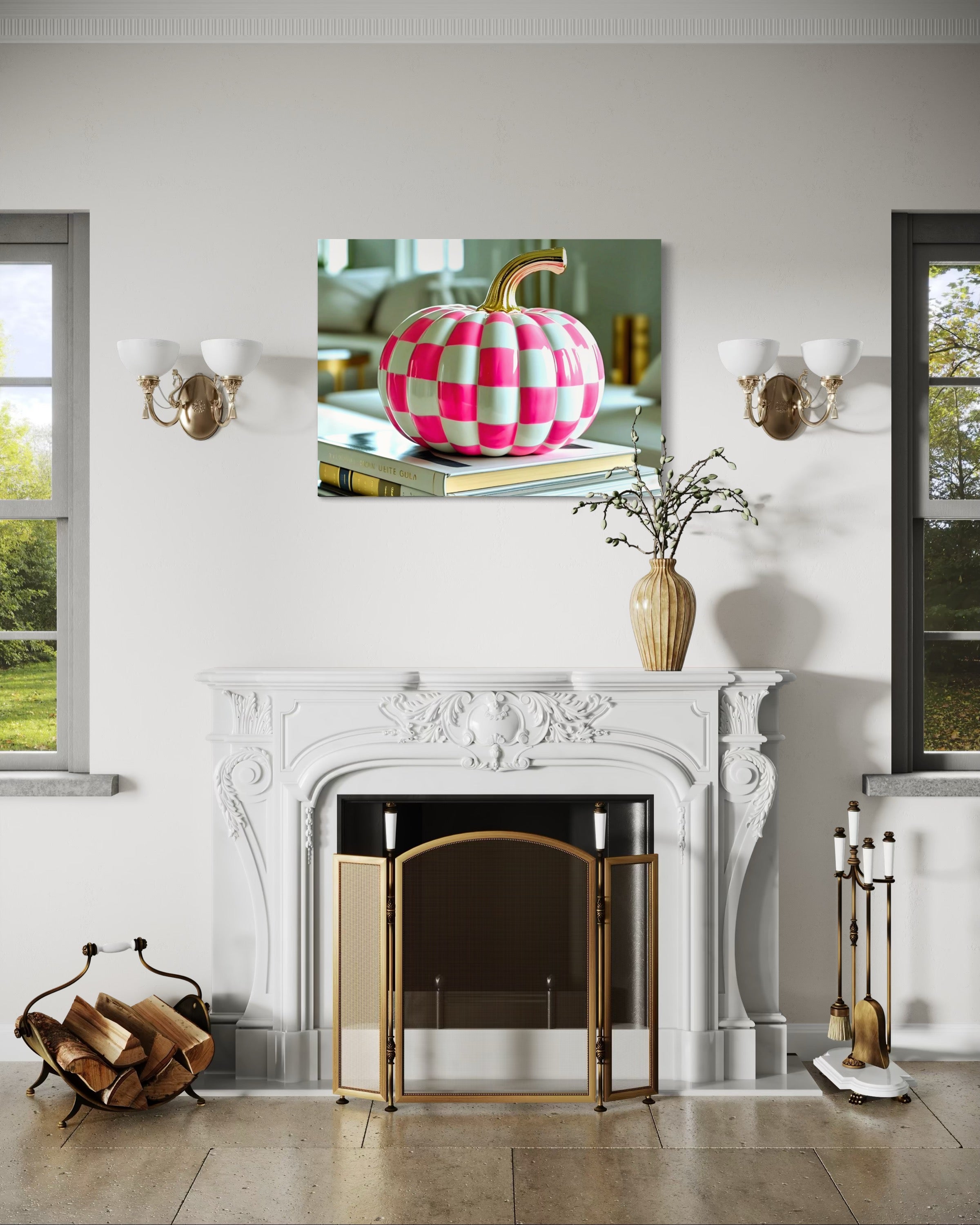 Pink and White Checkered Gold Stem Ceramic Pumpkin