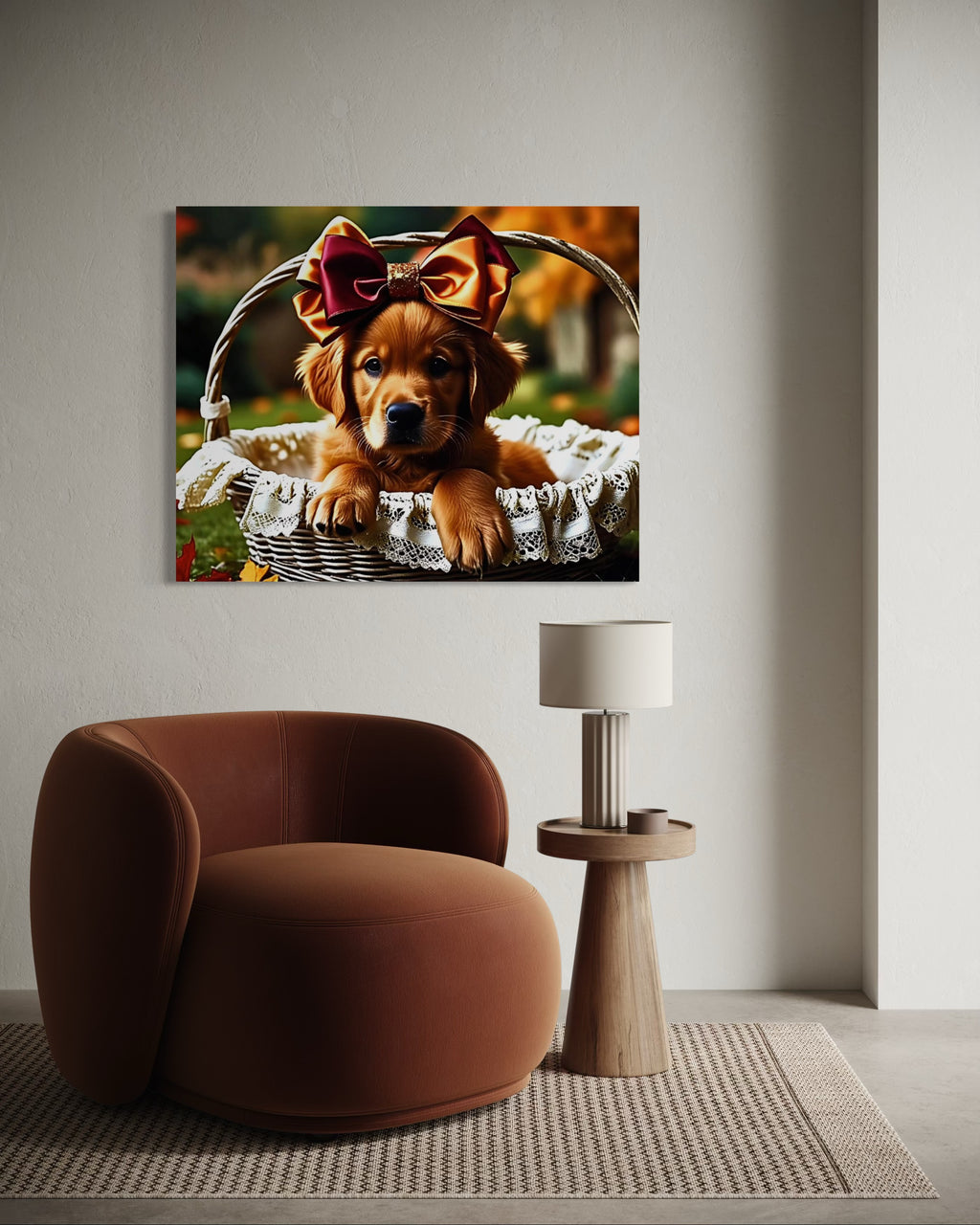 Autumn Golden Retriever Girl Puppy with a bow in a Basket