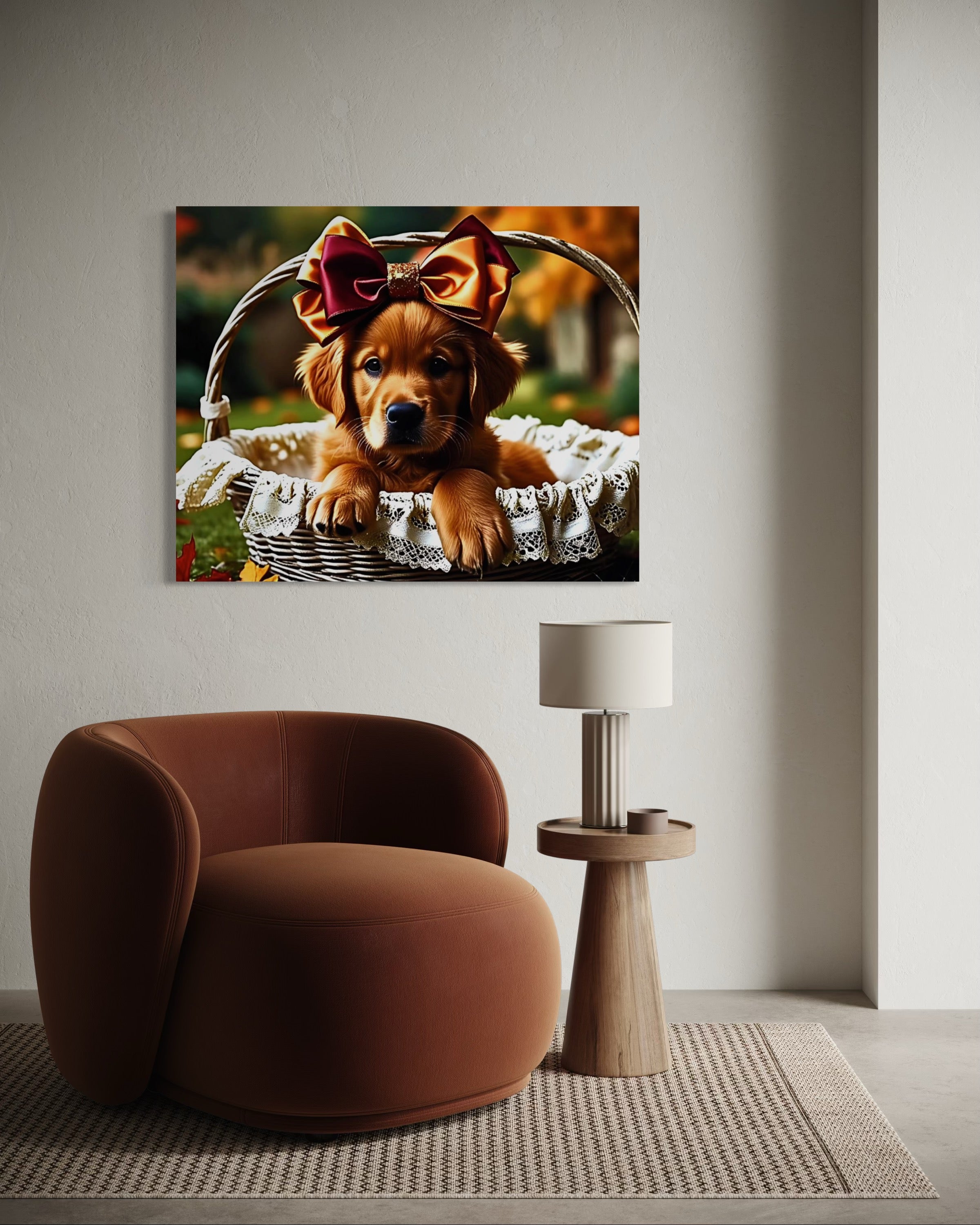 Autumn Golden Retriever Girl Puppy with a bow in a Basket