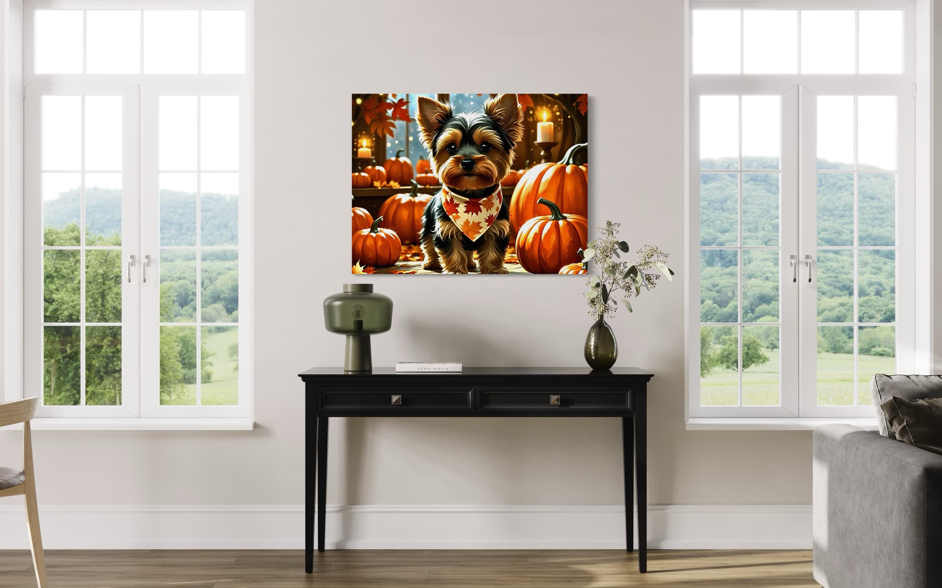 Yorkie cozy in the Fall