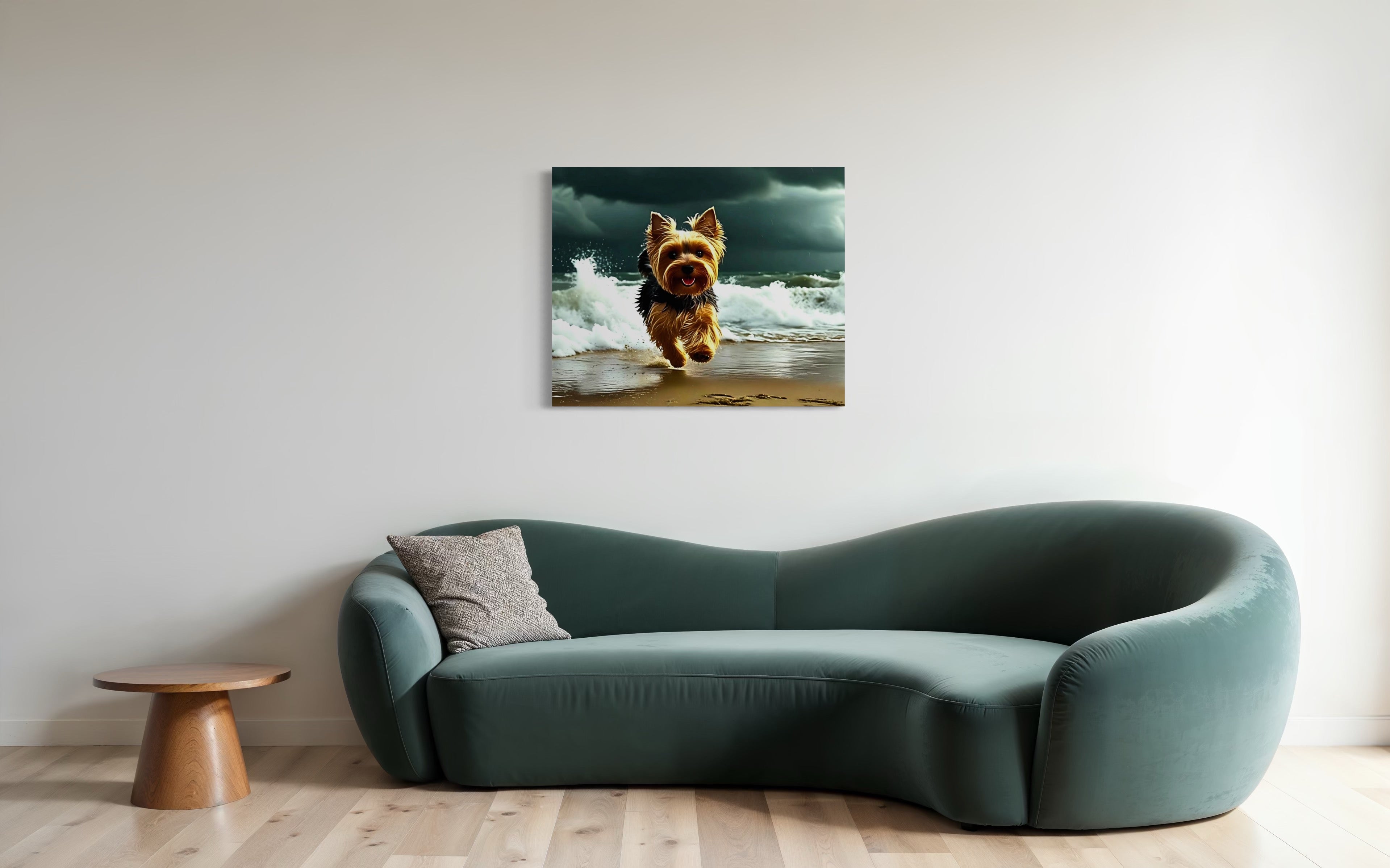 Yorkie running on the Beach in a Storm
