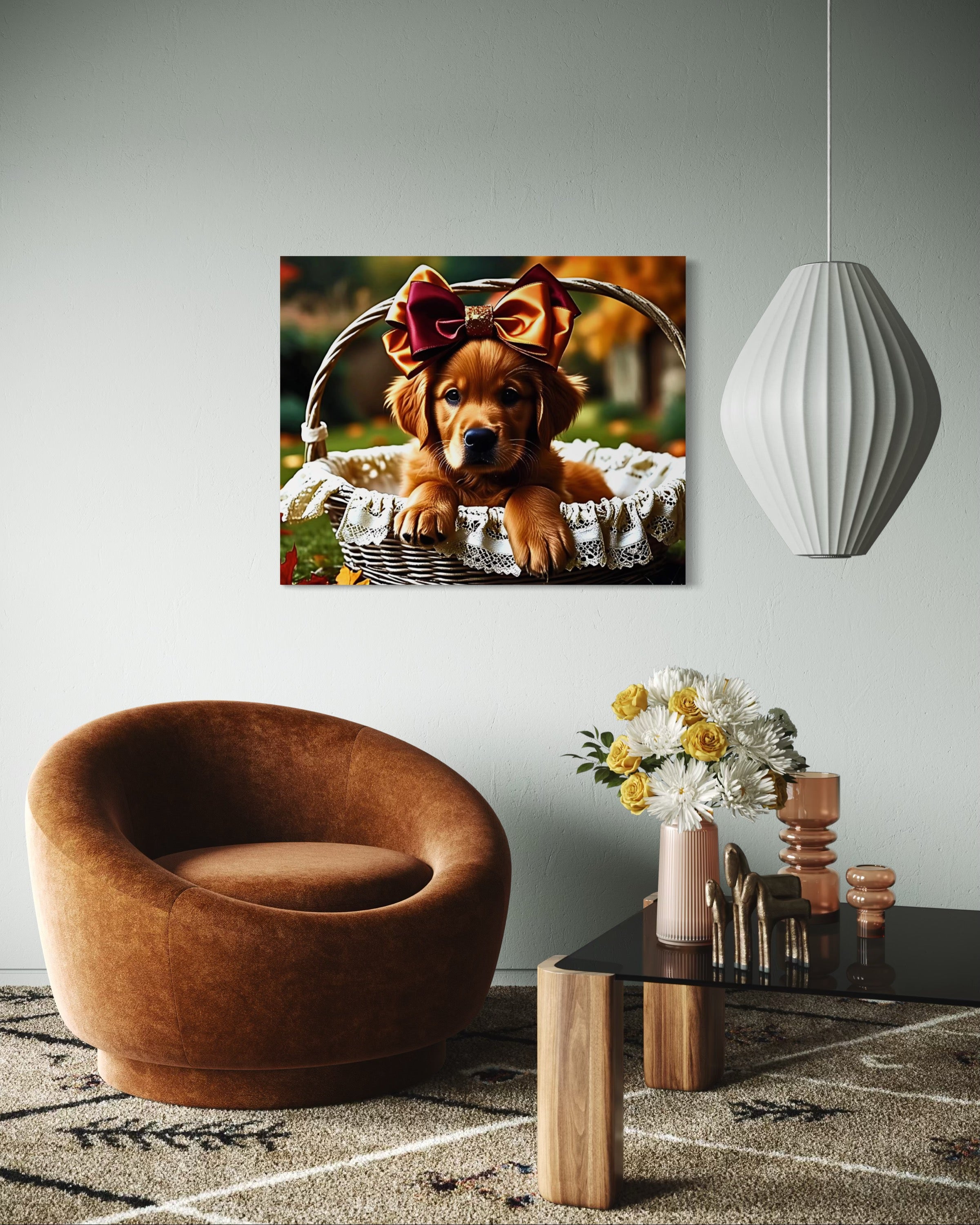 Autumn Golden Retriever Girl Puppy with a bow in a Basket