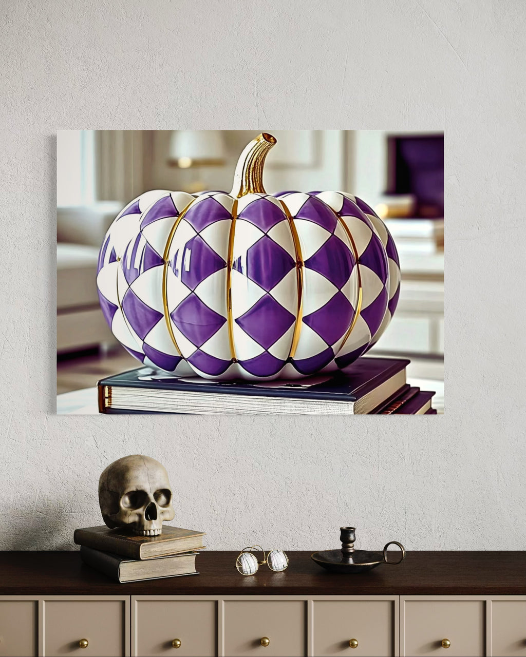 Purple and Gold Checkered Ceramic Pumpkin