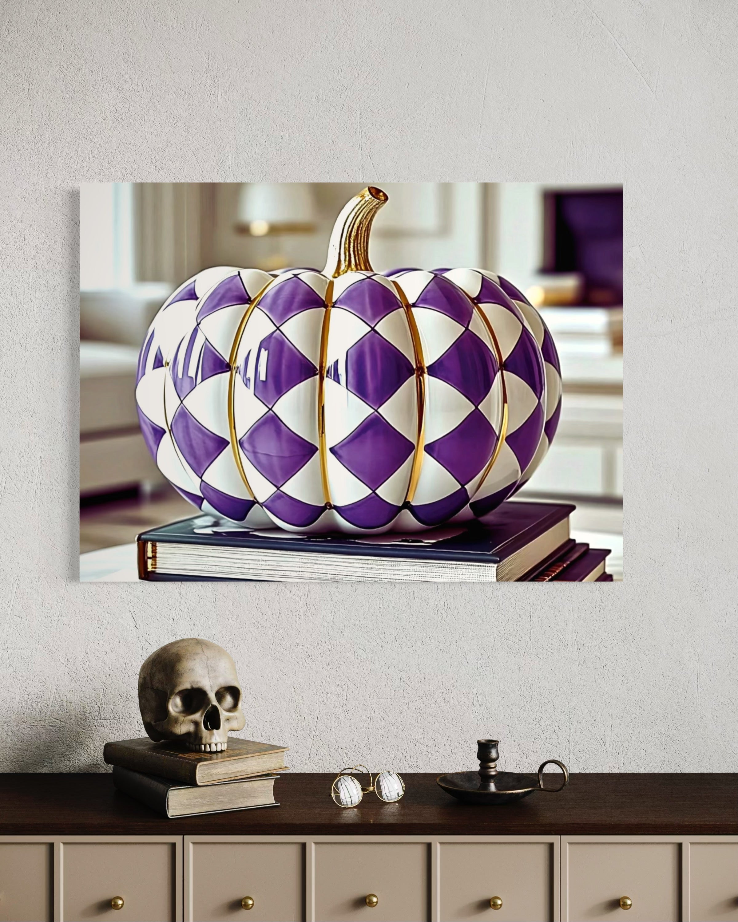 Purple and Gold Checkered Ceramic Pumpkin