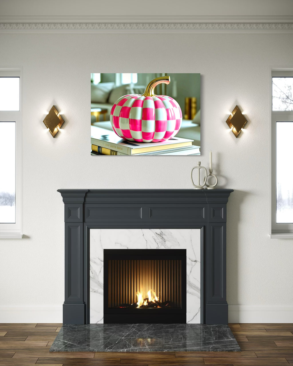 Pink and White Checkered Gold Stem Ceramic Pumpkin