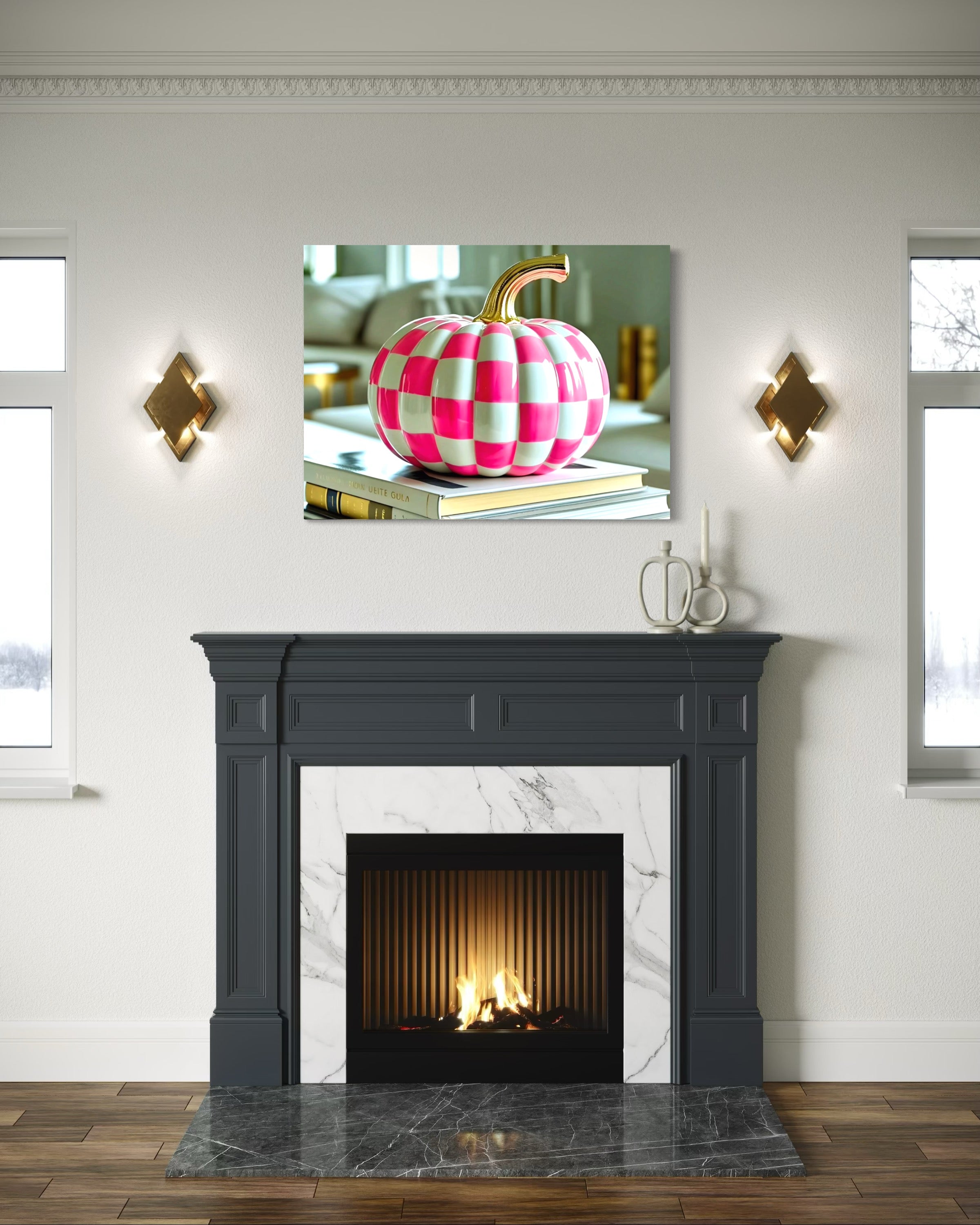 Pink and White Checkered Gold Stem Ceramic Pumpkin