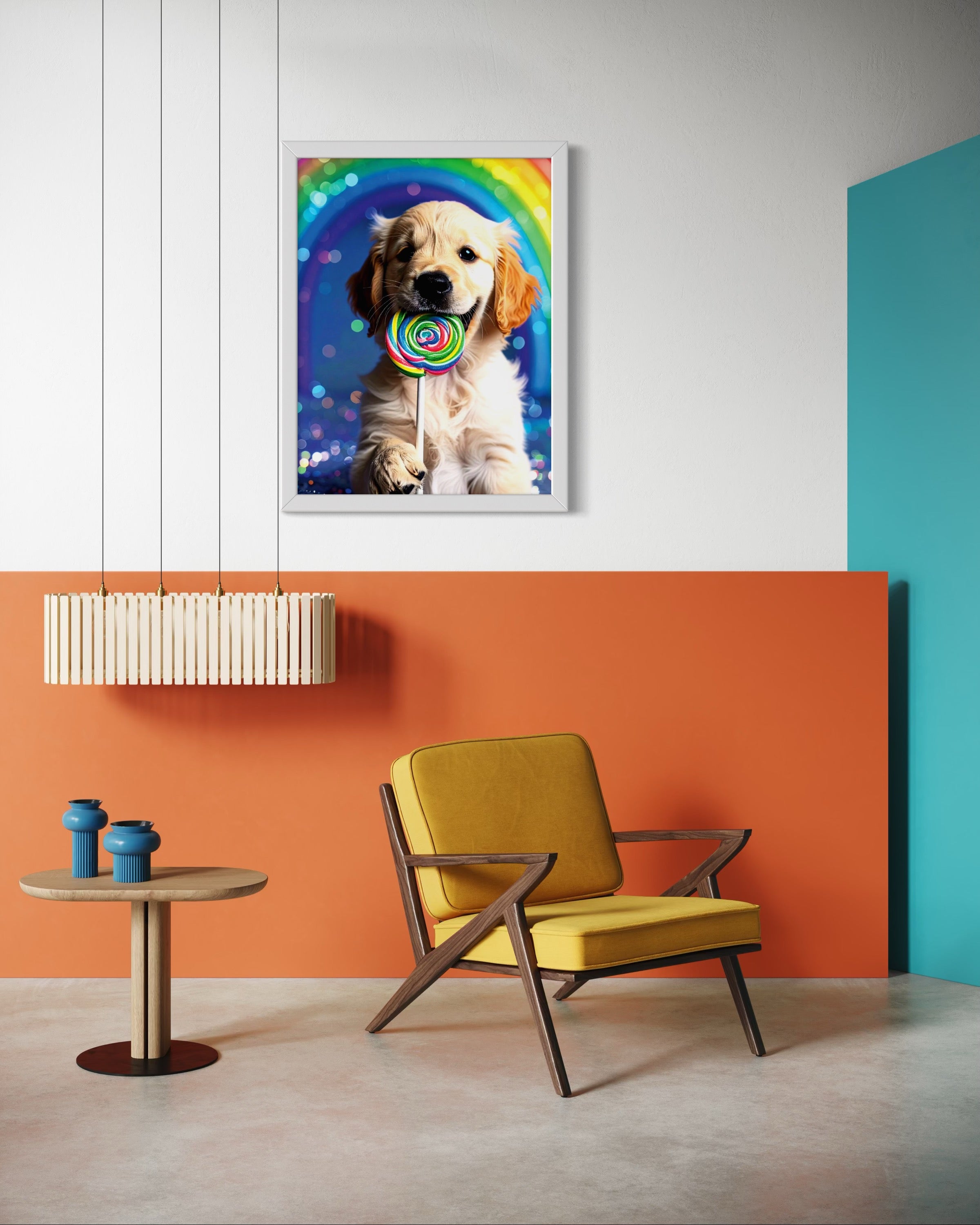 Golden Retriever Puppy with Rainbow Lollipop Museum Print