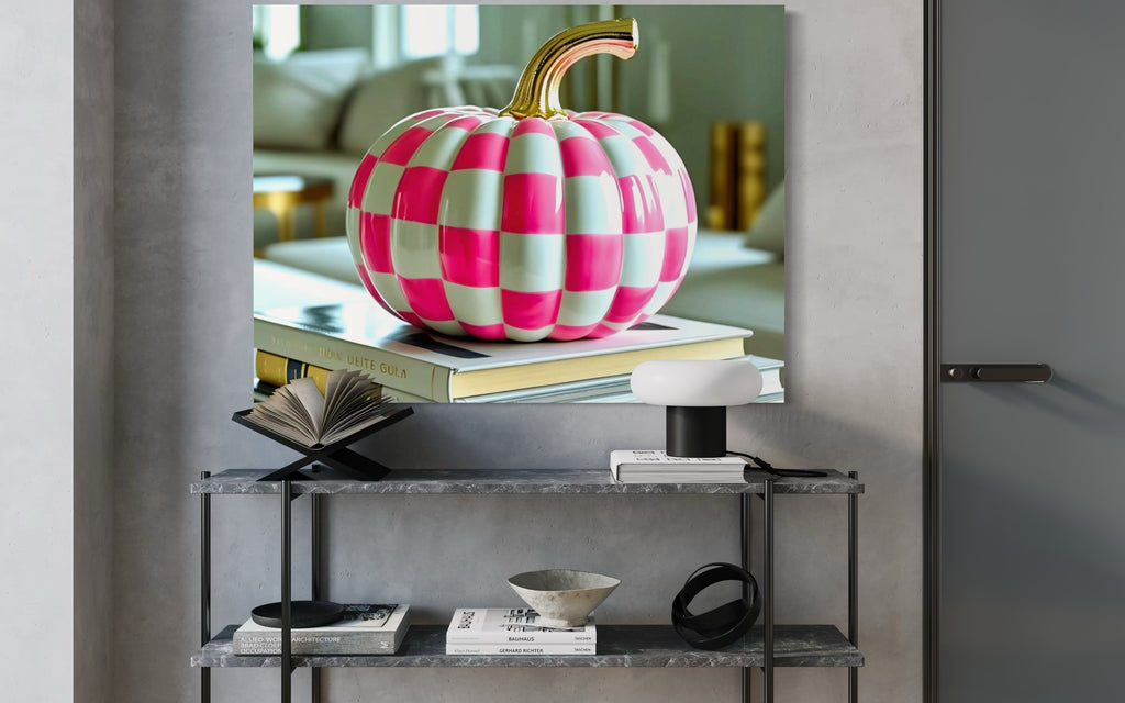Pink and White Checkered Gold Stem Ceramic Pumpkin