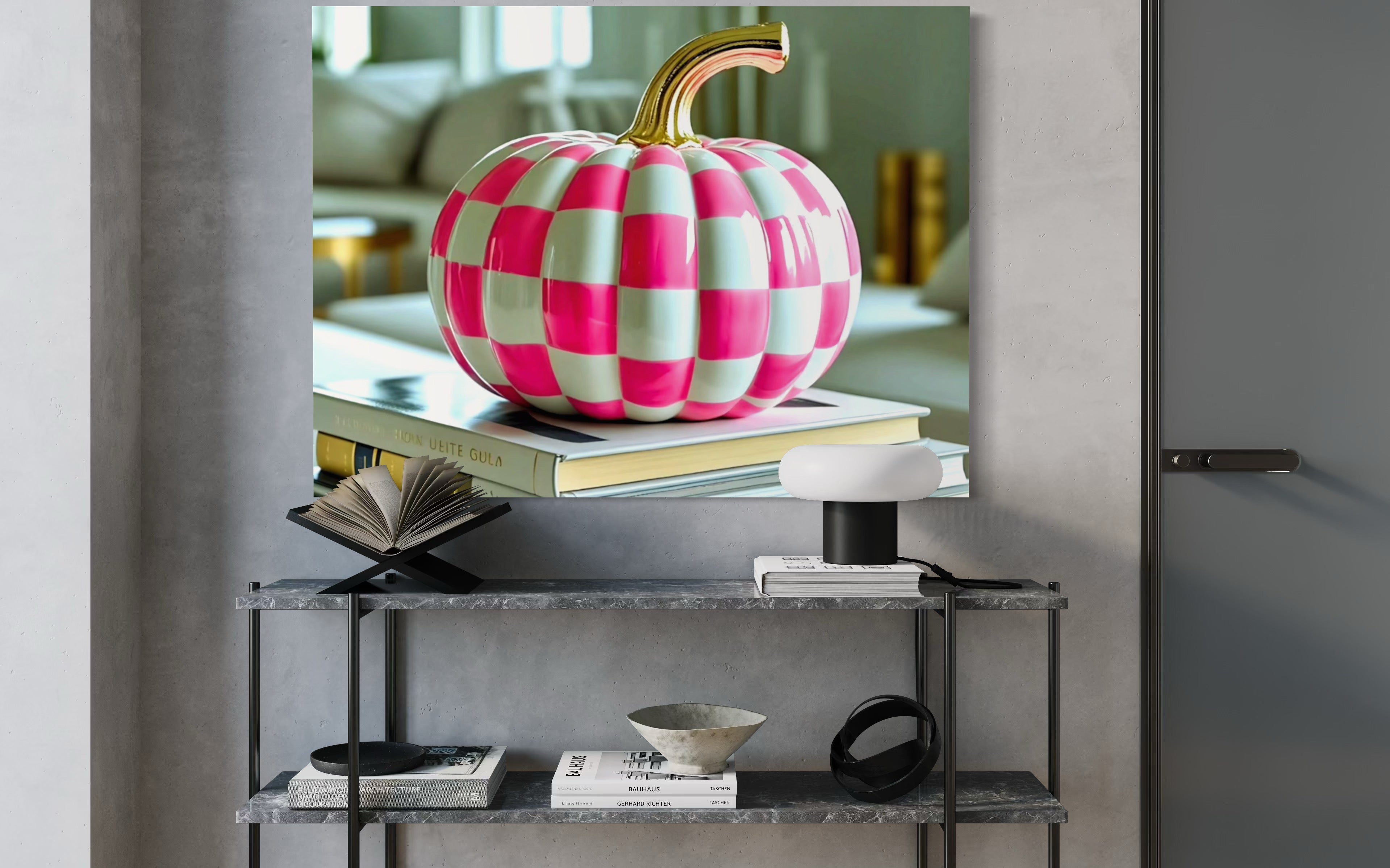 Pink and White Checkered Gold Stem Ceramic Pumpkin