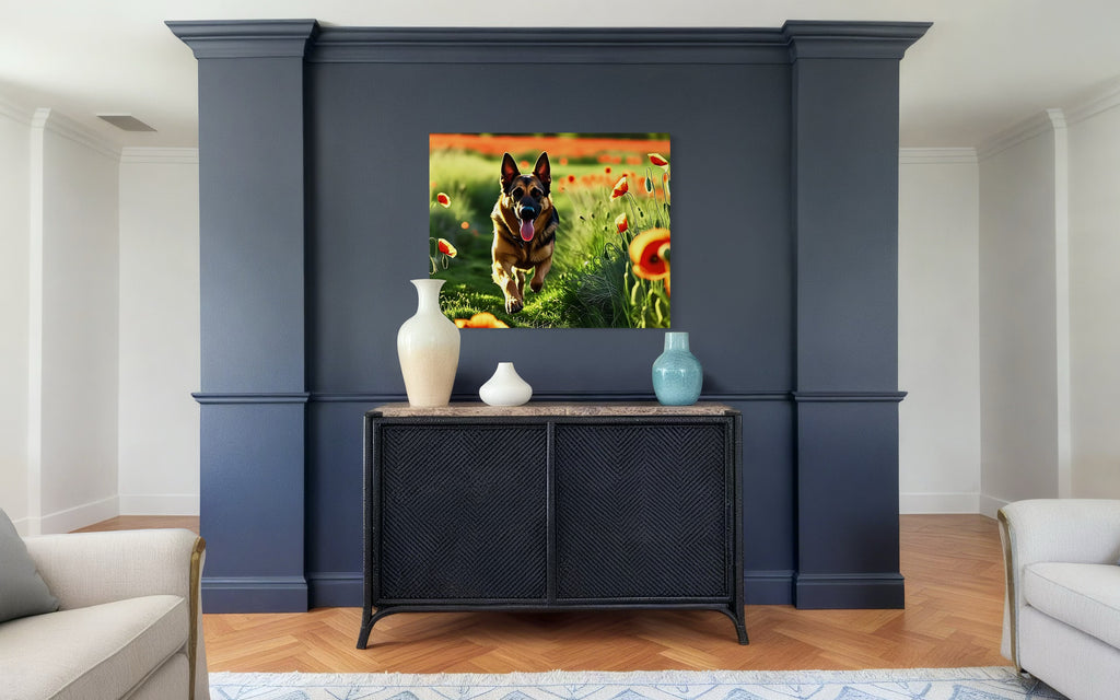 German Shephard Running in a Poppy Field