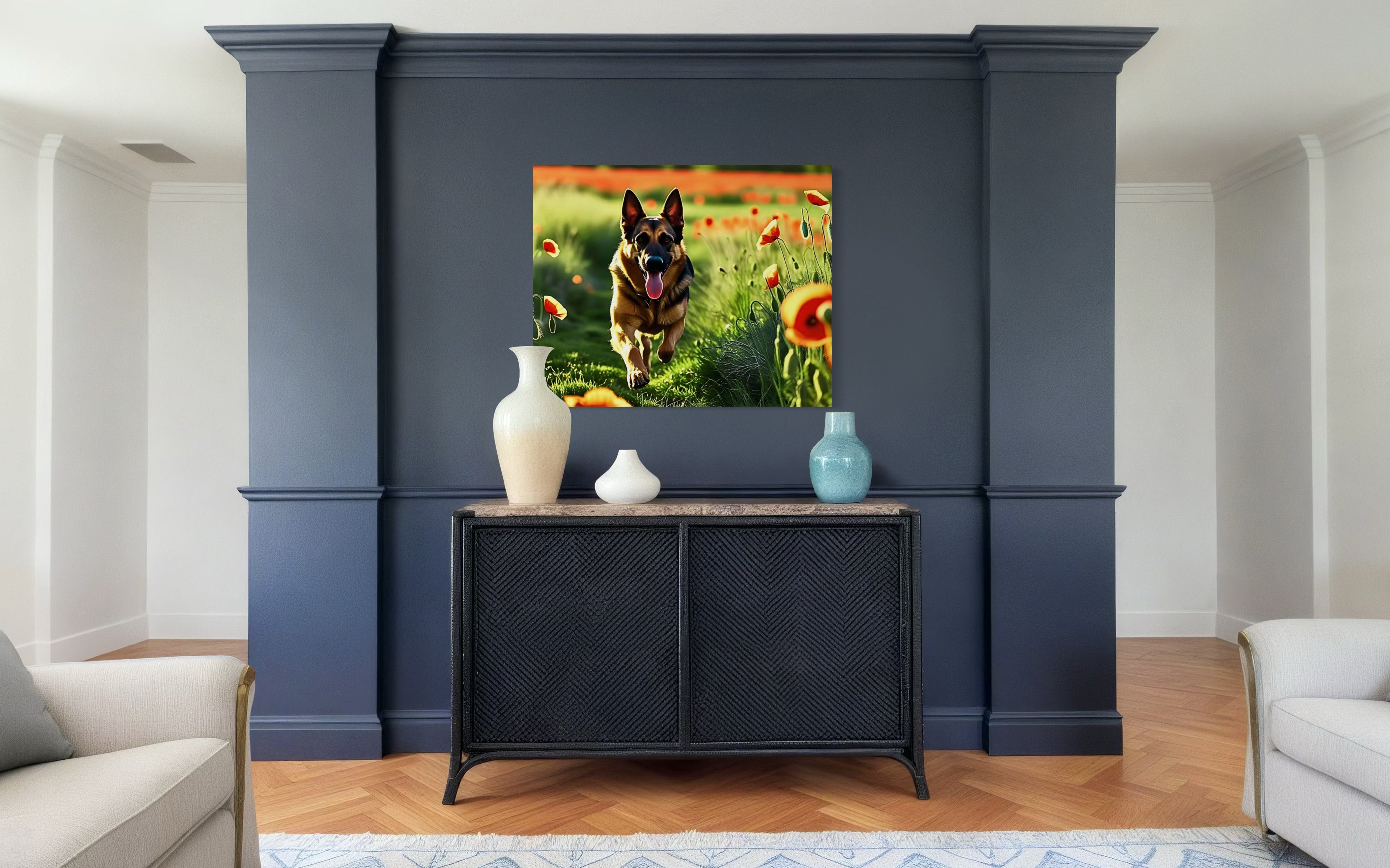 German Shephard Running in a Poppy Field