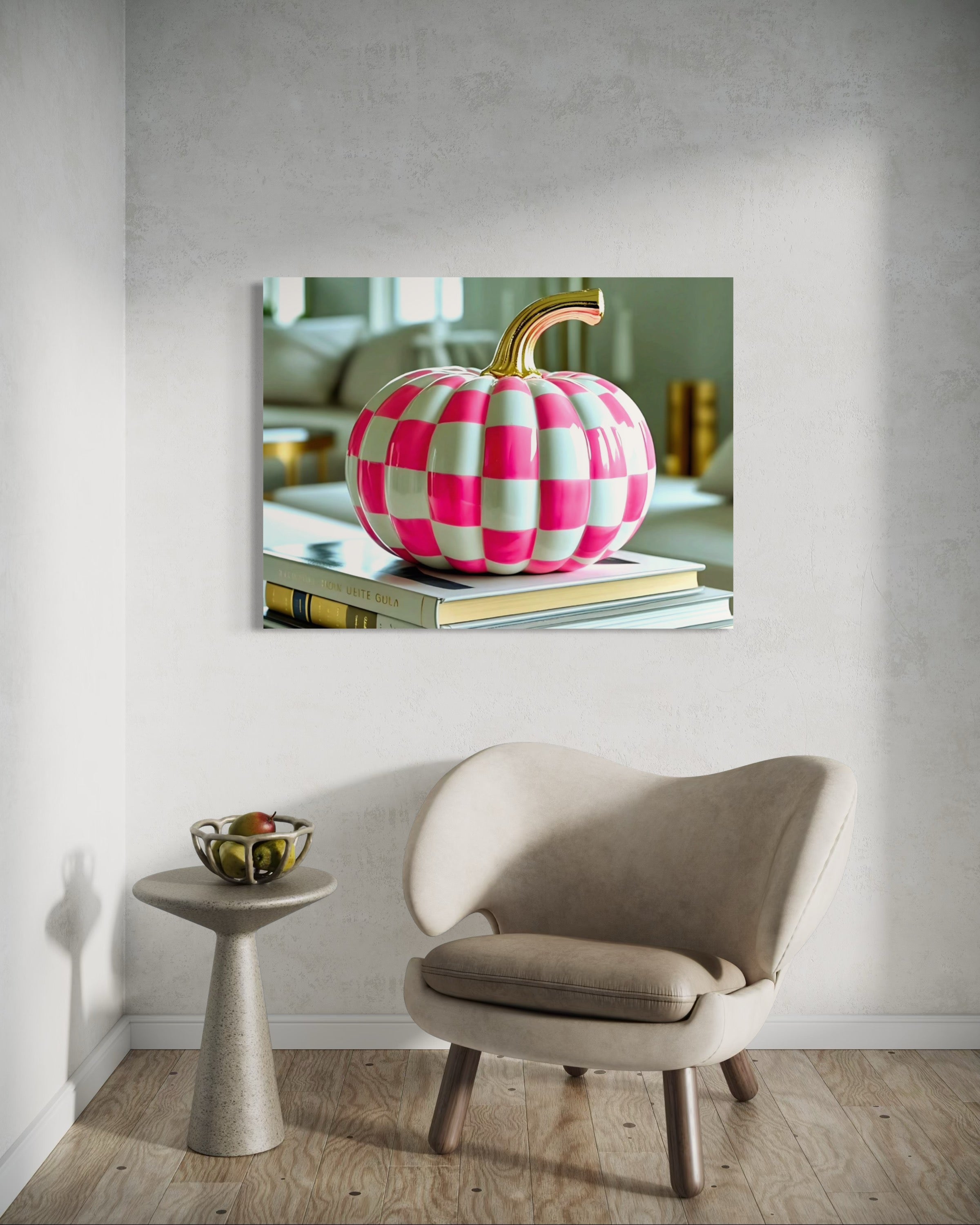 Pink and White Checkered Gold Stem Ceramic Pumpkin
