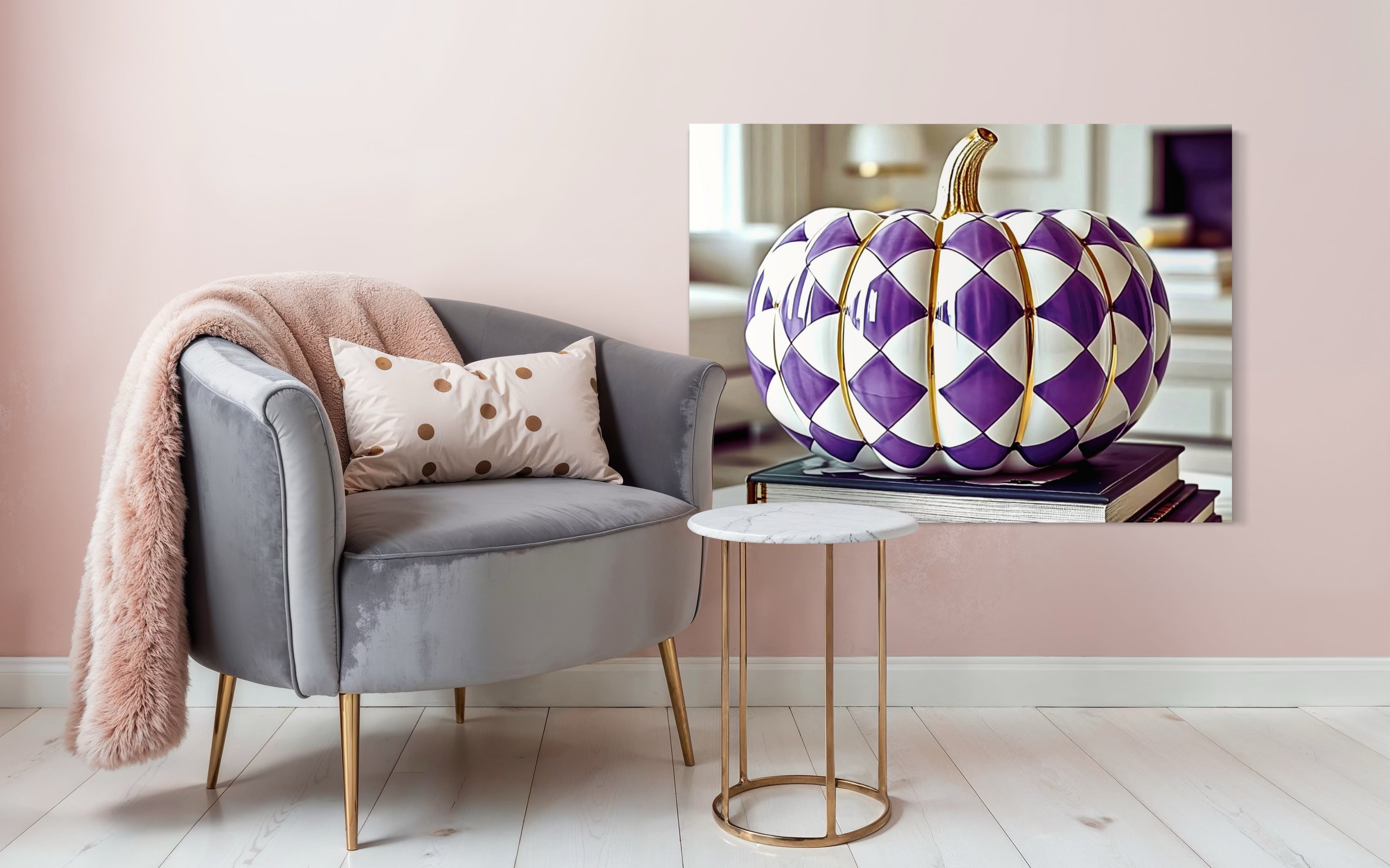 Purple and Gold Checkered Ceramic Pumpkin