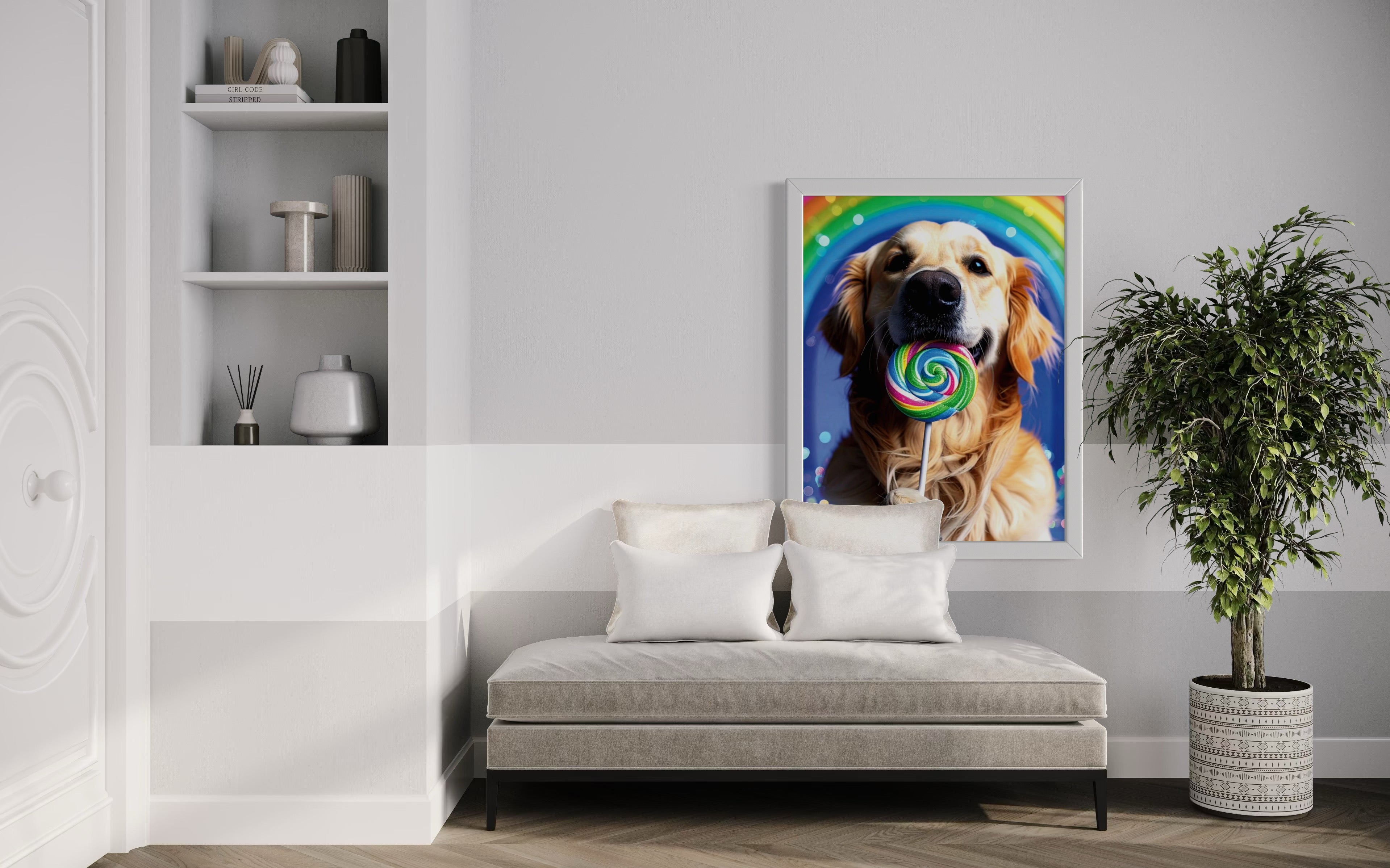 Golden Retriever with Rainbow Lollipop Museum Print