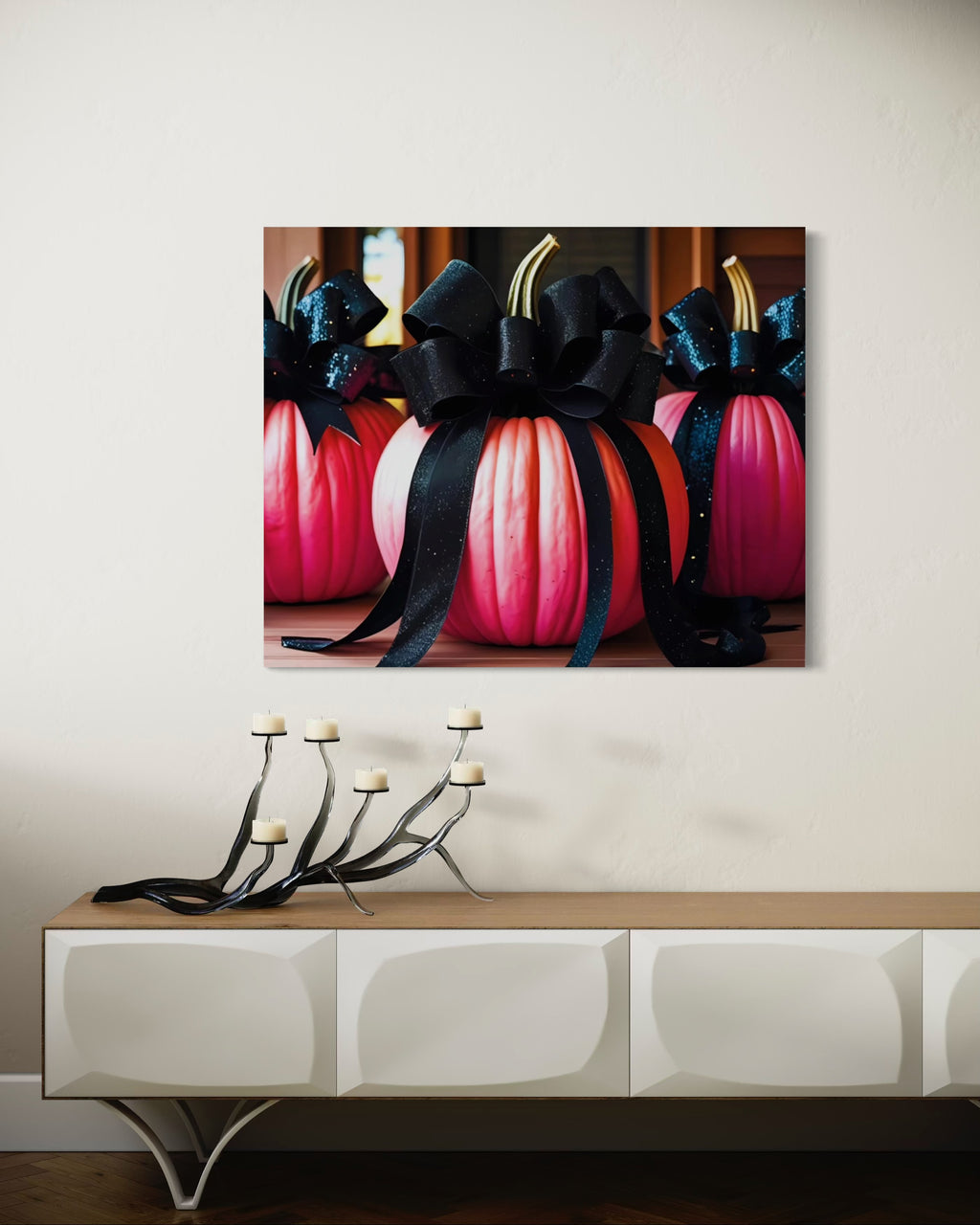 Pink Porch Pumpkins with Black Glittering and Velvet Bows