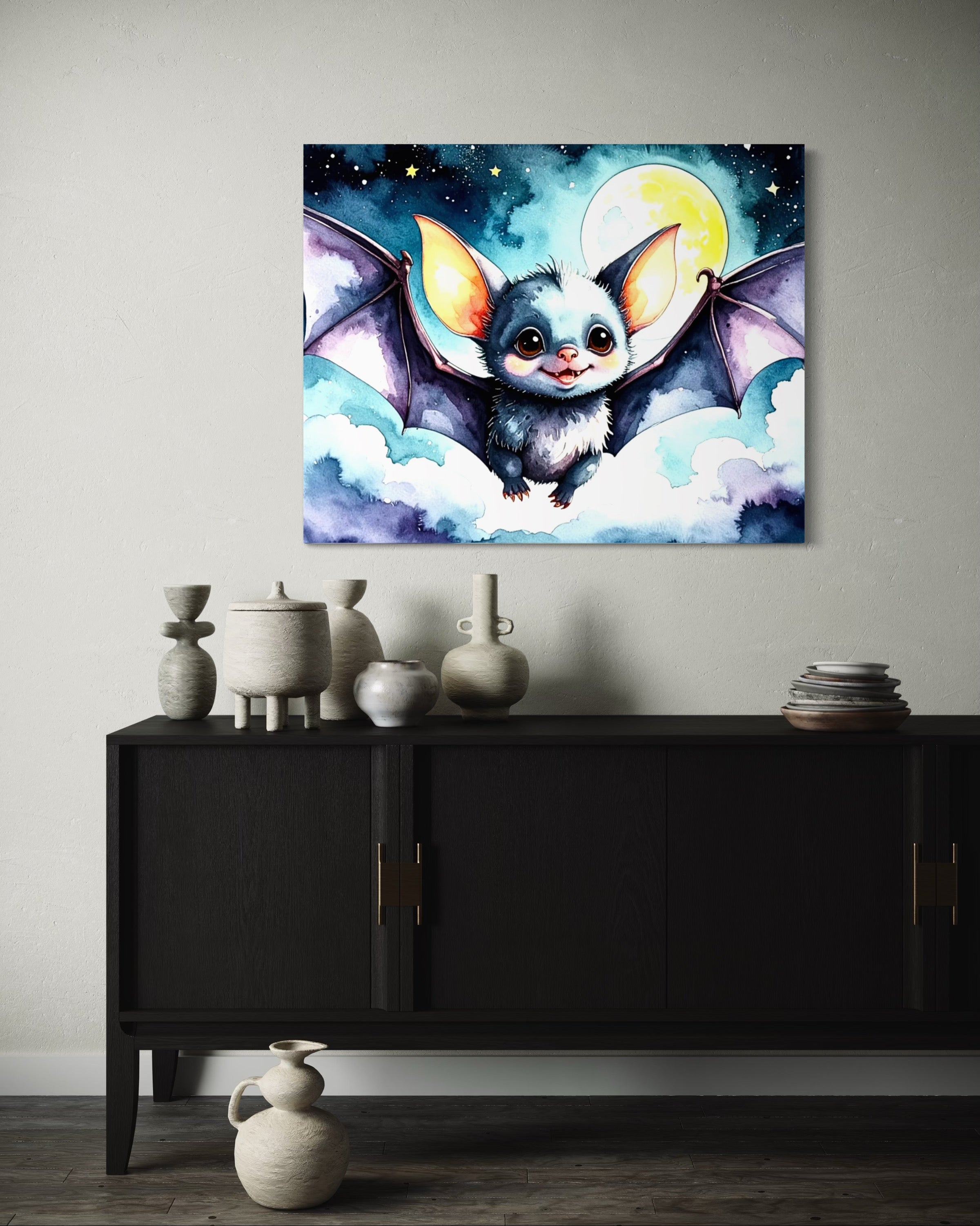 Baby Bat flying under a Full Moon