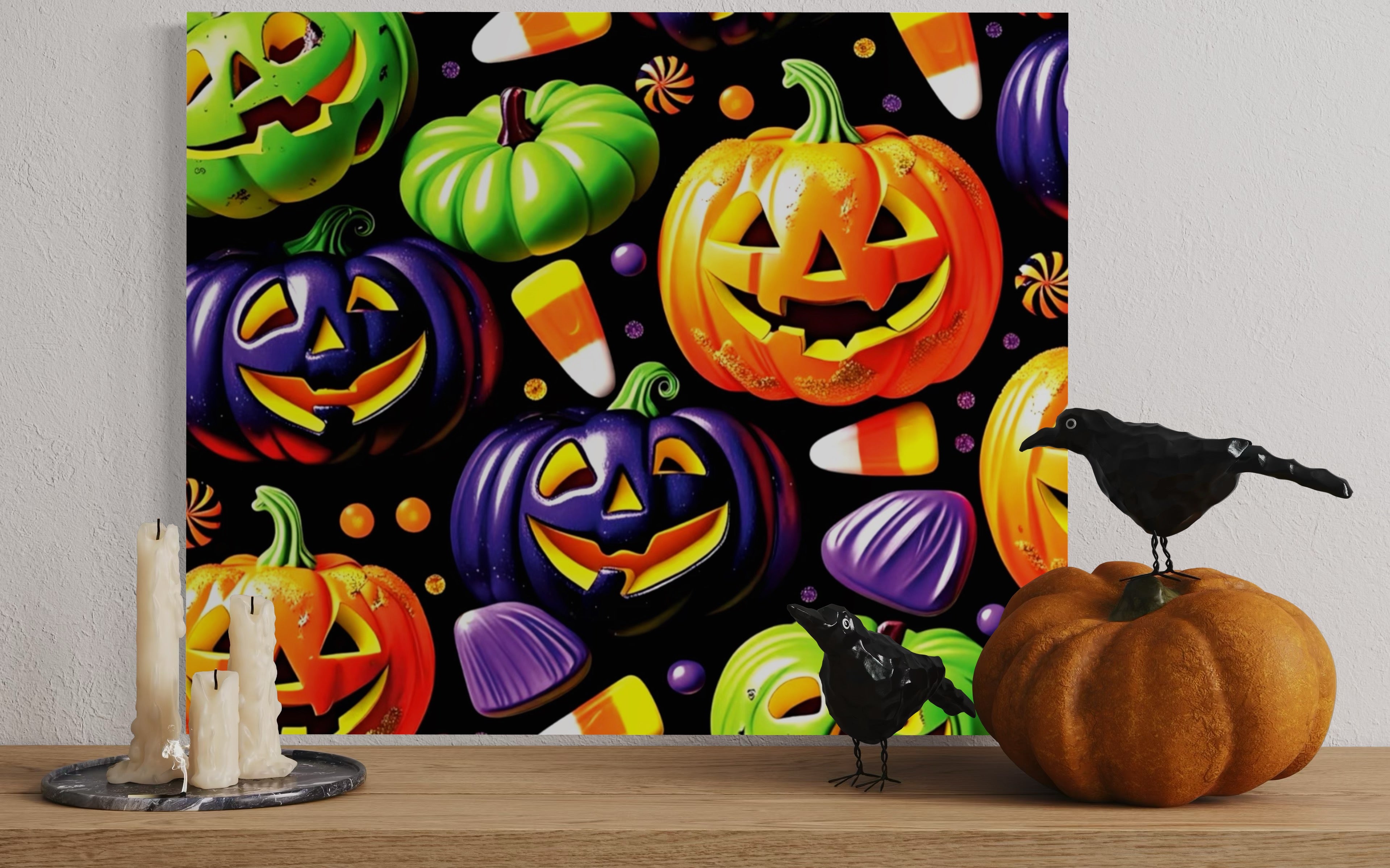 Candy and Pumpkins Pattern on Black