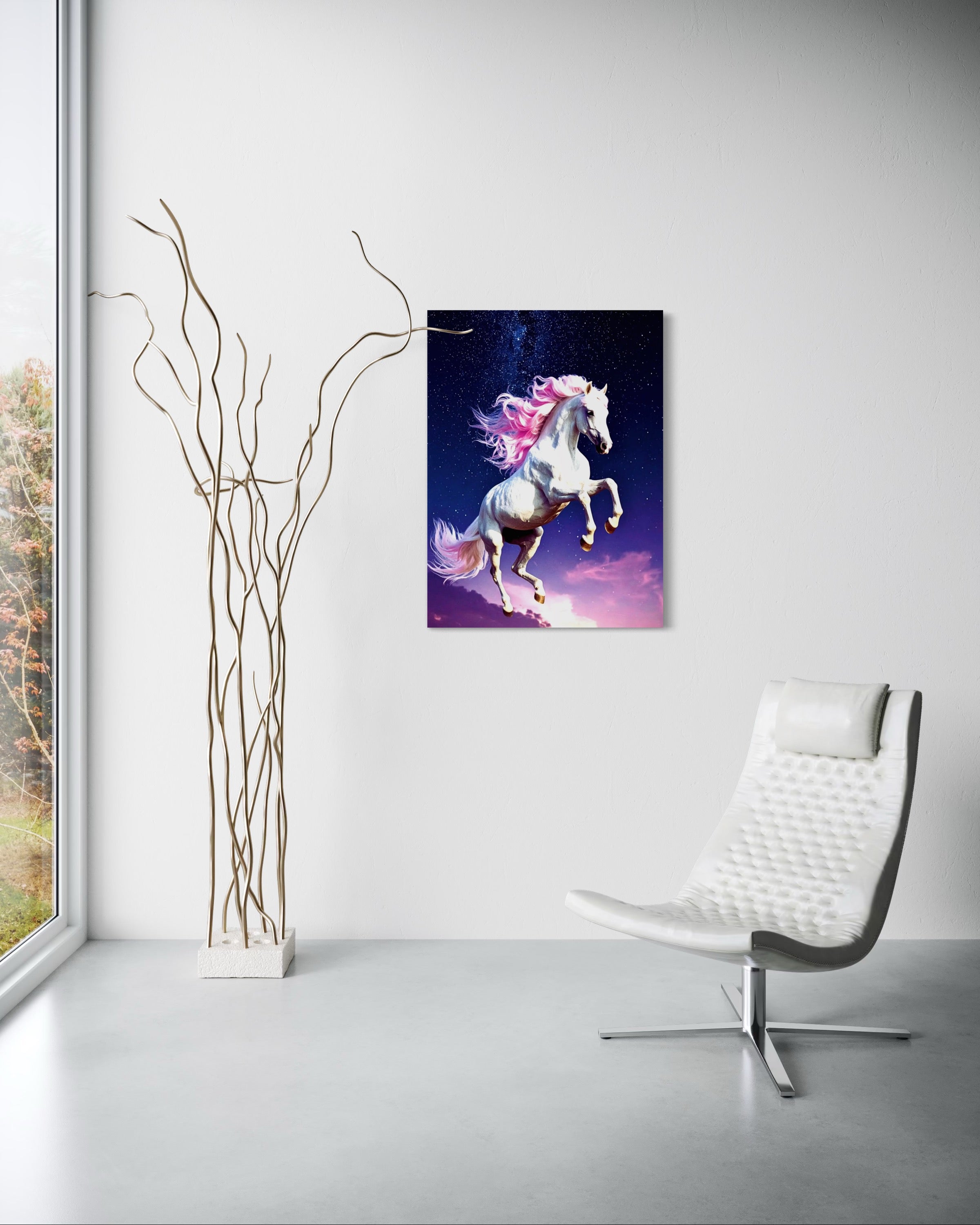 Jumping White Horse with Pink Hair