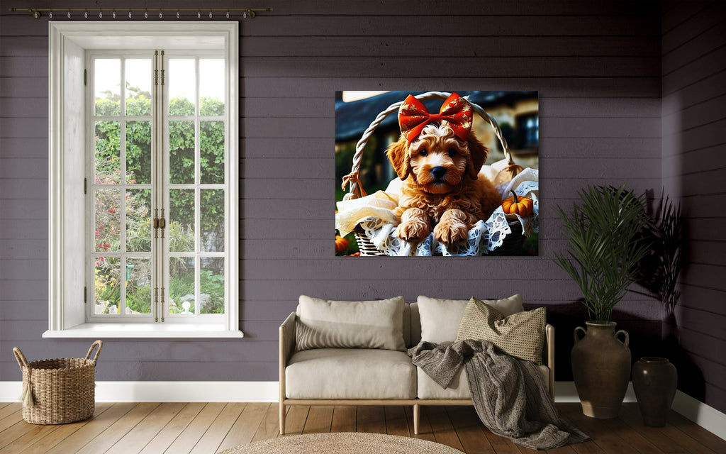 Autumn Goldendoodle Puppy with Bow in Basket