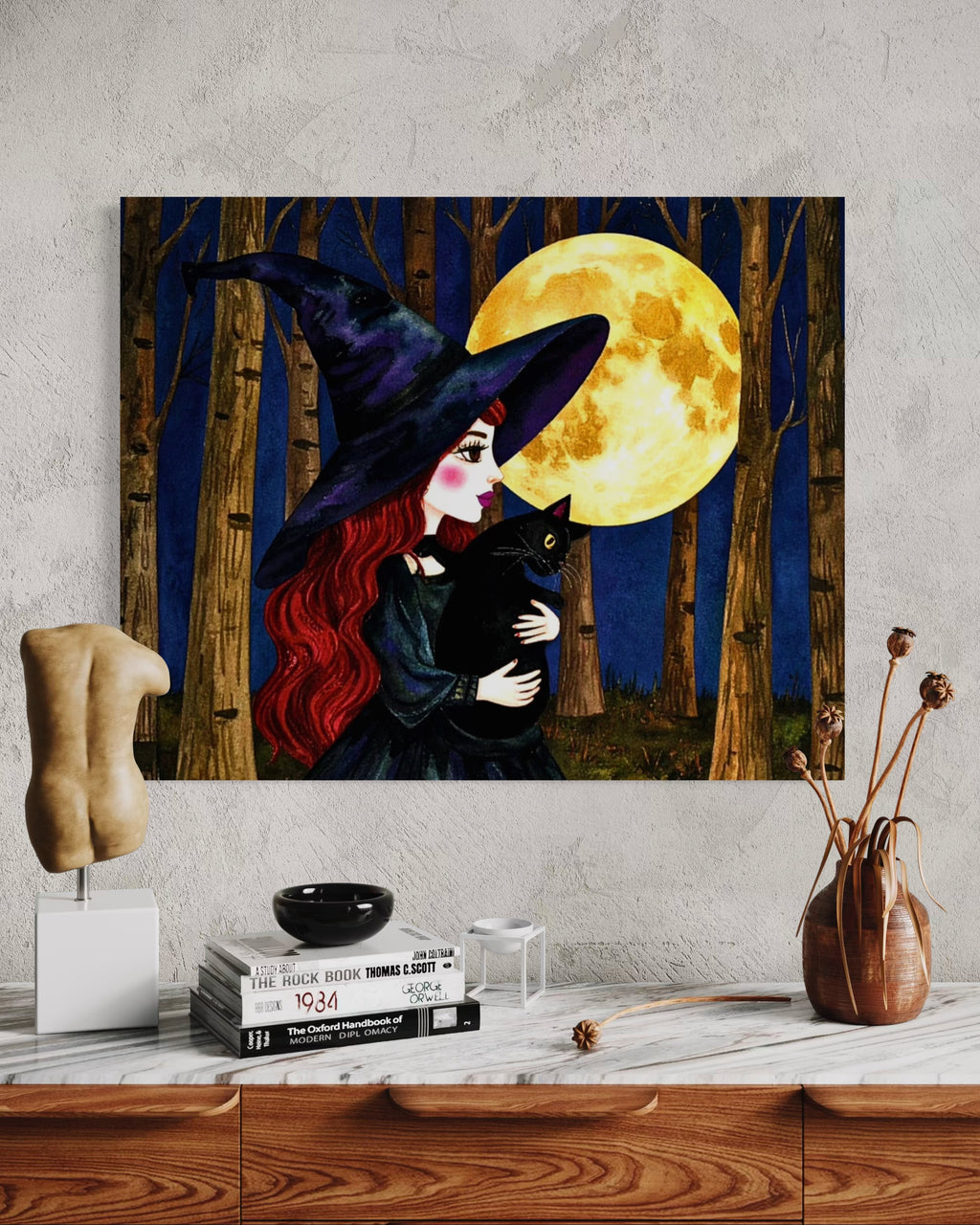 Red Witch with Cat in Moonlight