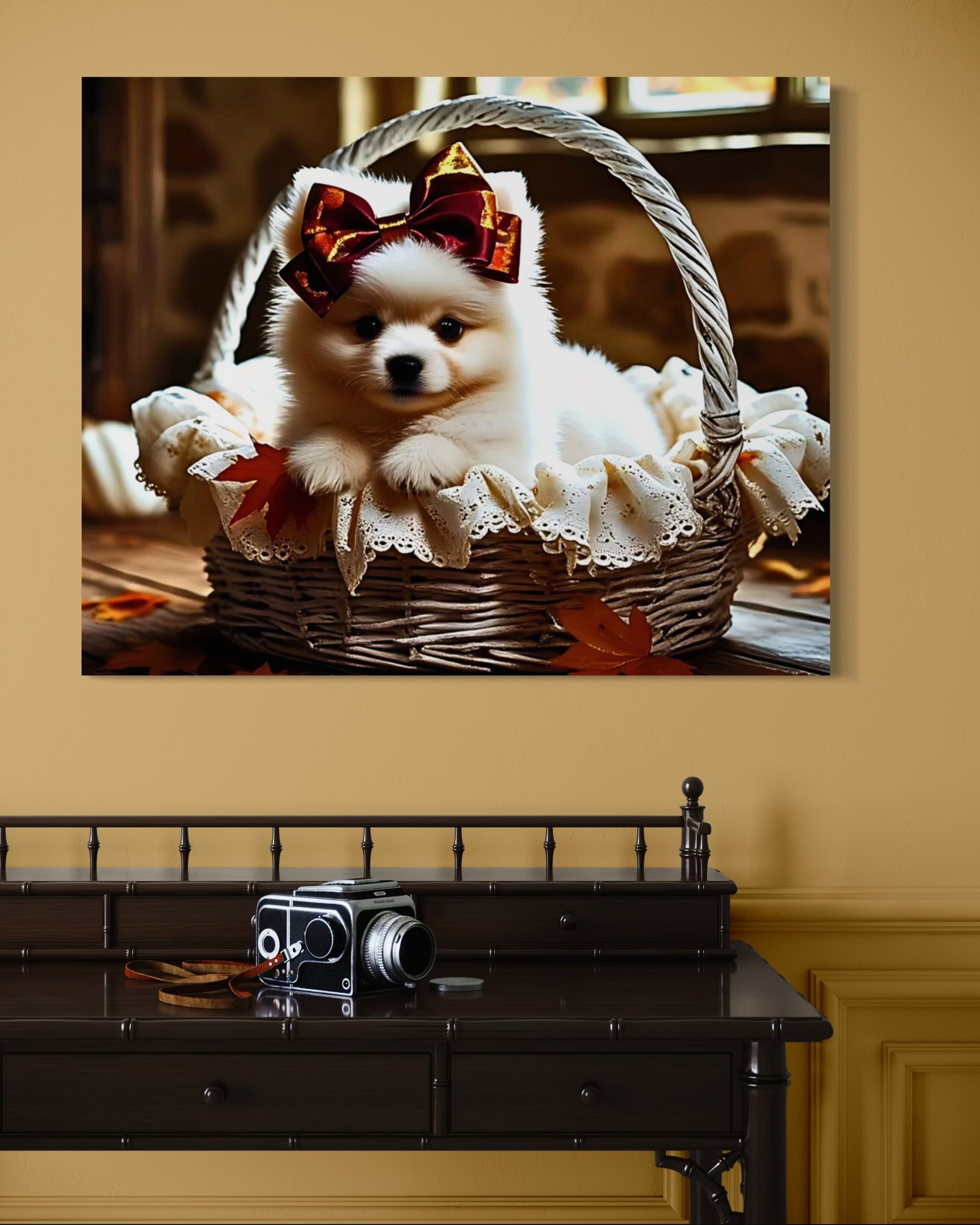 Autumn Pomeranian Puppy Girl with Bow in Basket