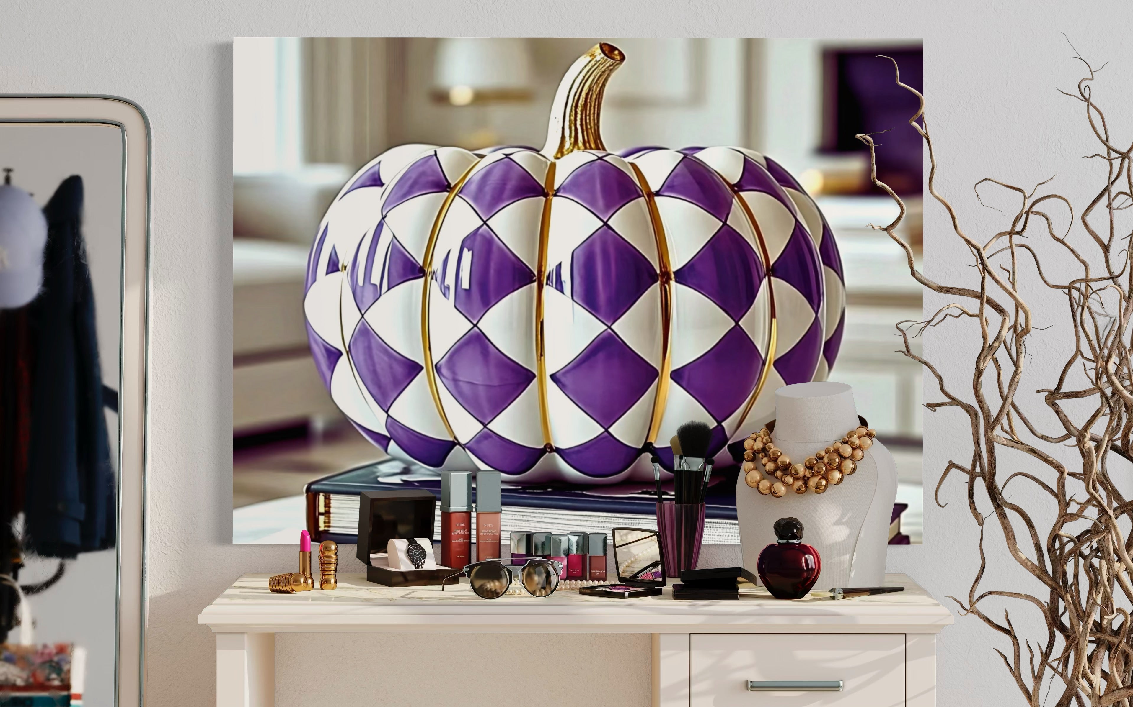 Purple and Gold Checkered Ceramic Pumpkin