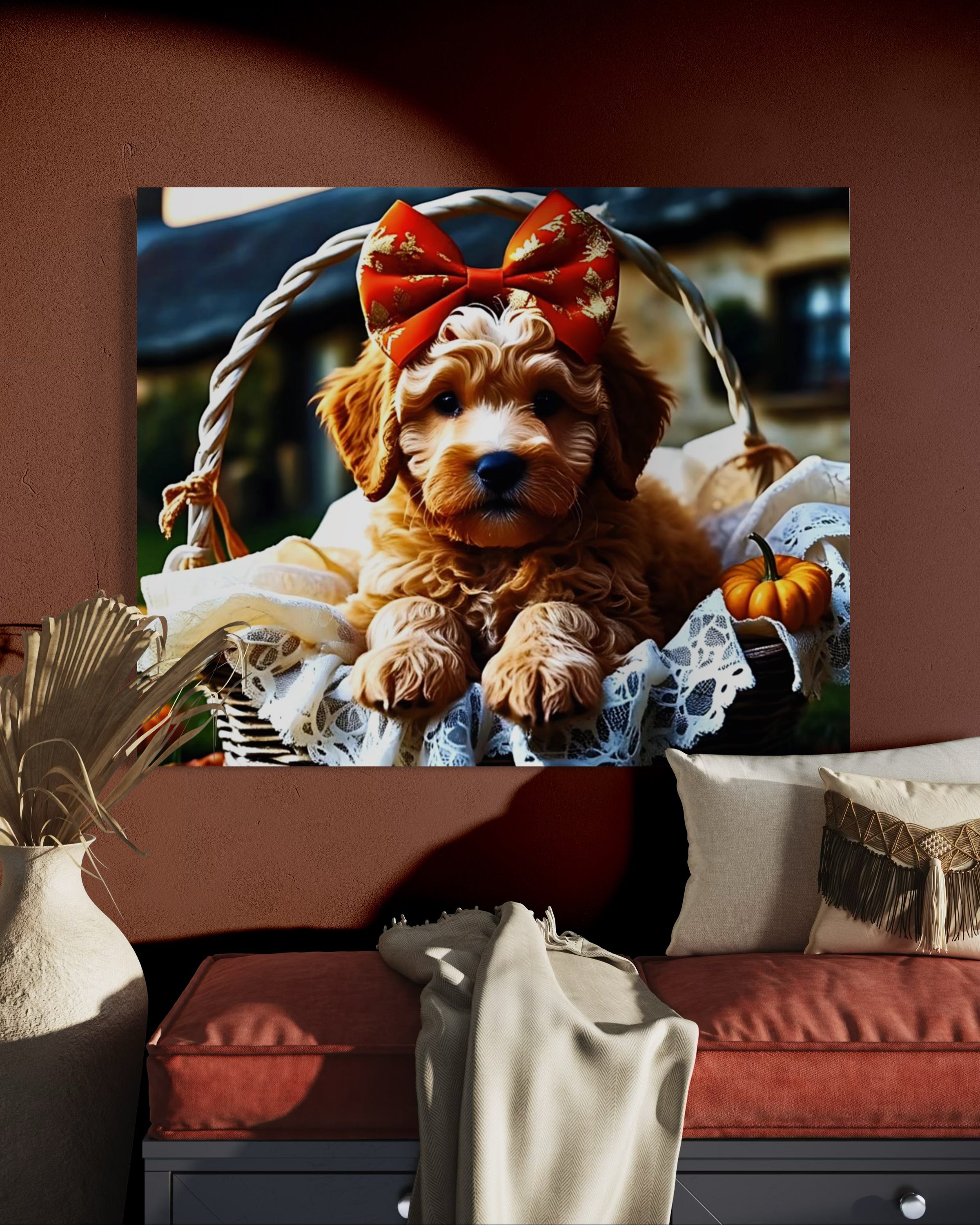 Autumn Goldendoodle Puppy with Bow in Basket