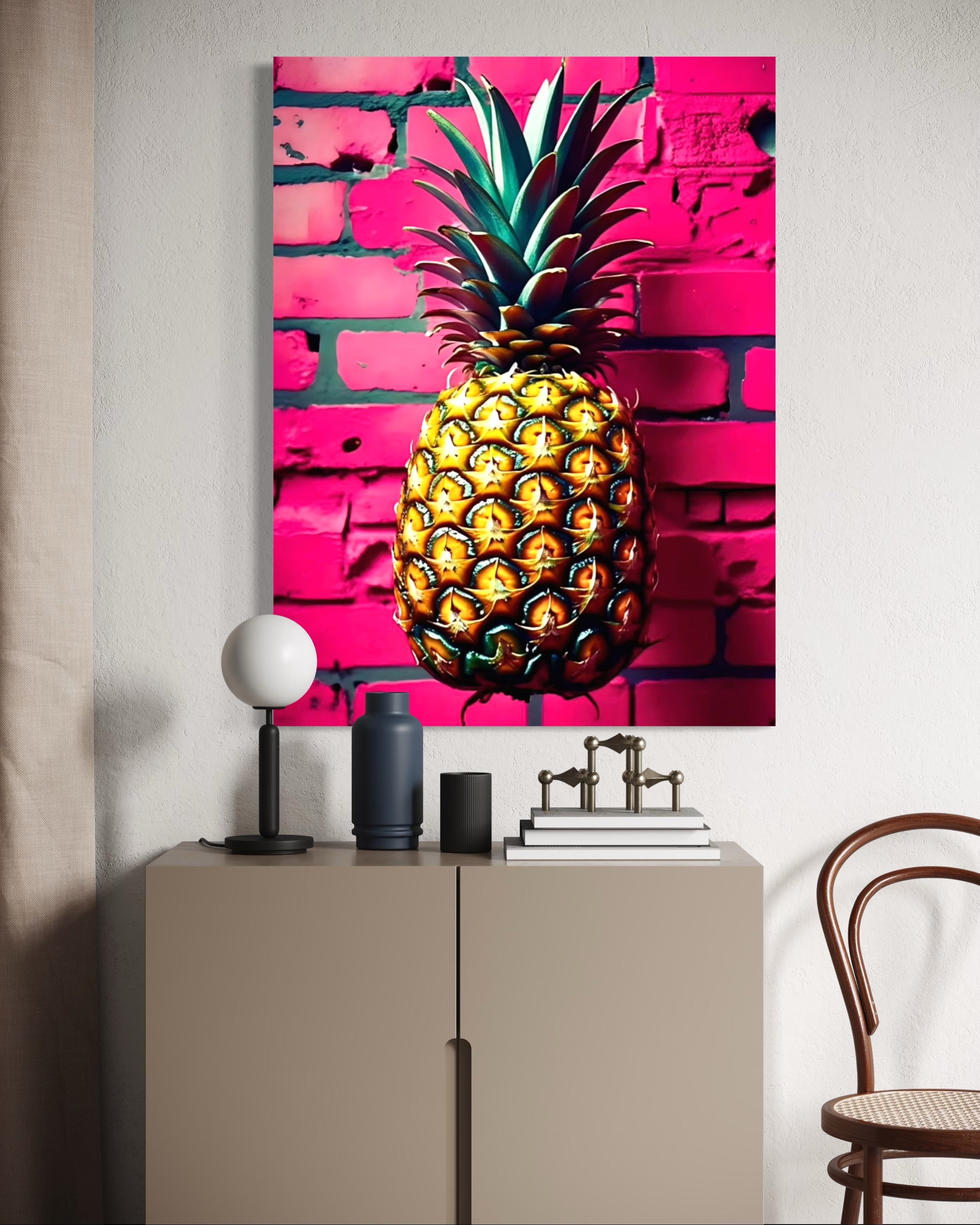 Vibrant Pineapple with Hot Pink Brick Background
