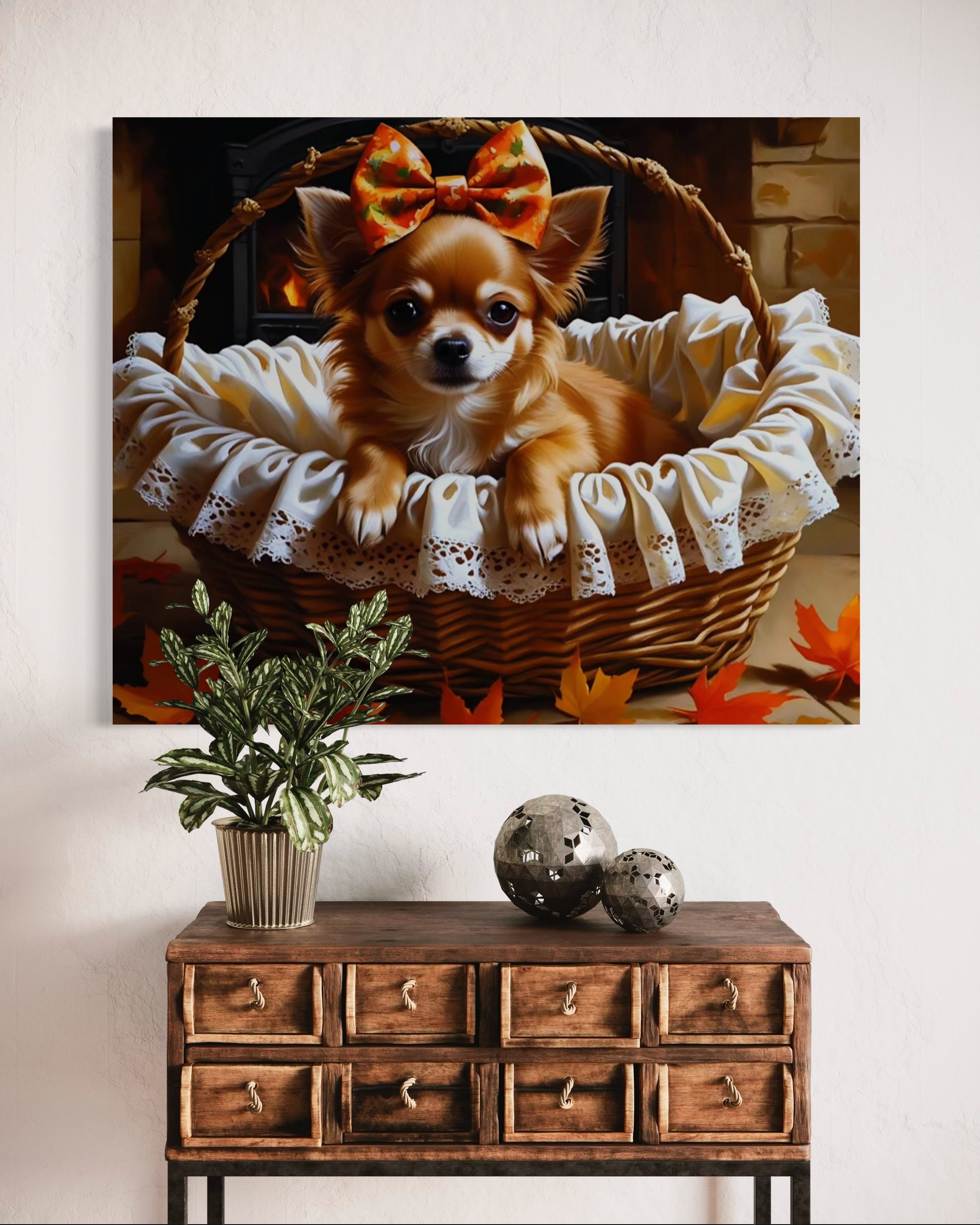 Autumn Chihuahua with Bow in Basket