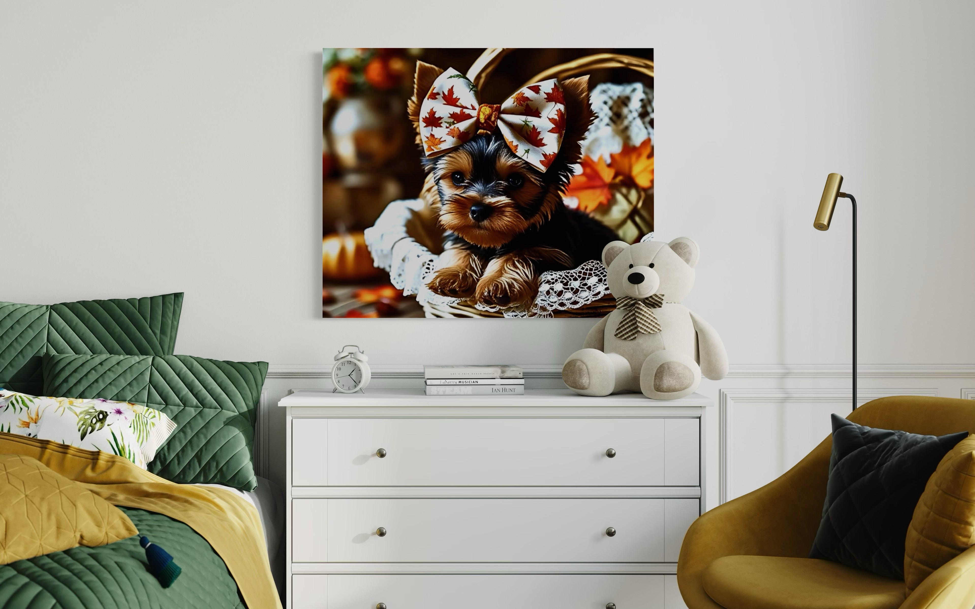 Autumn Yorkie Puppy Girl with Bow in Basket