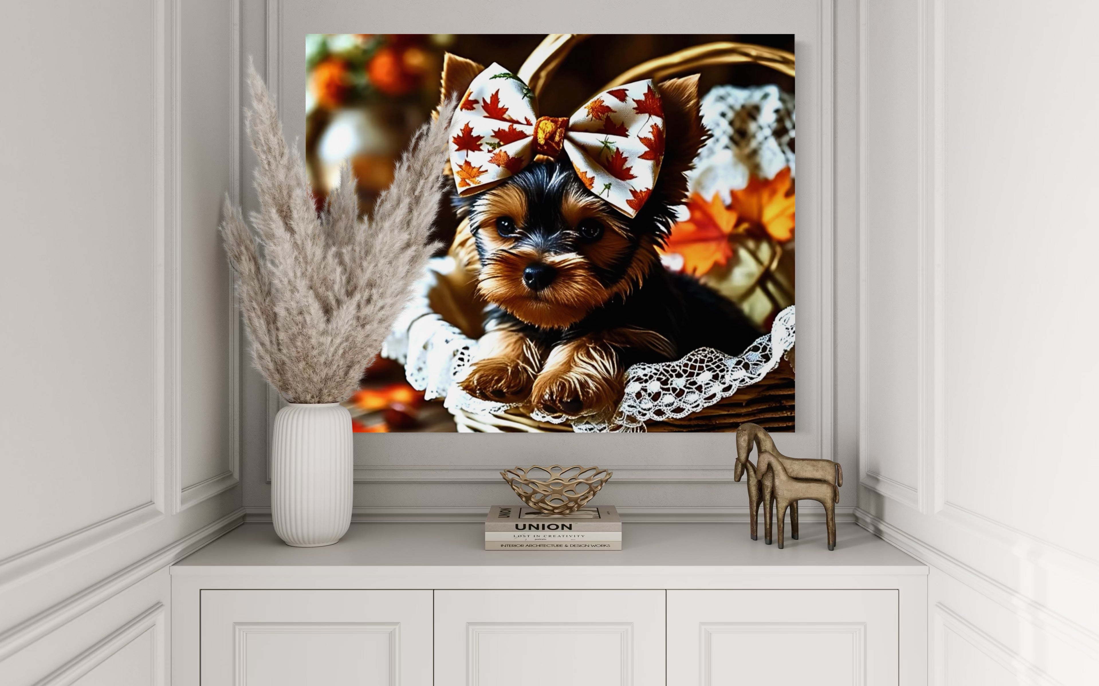 Autumn Yorkie Puppy Girl with Bow in Basket