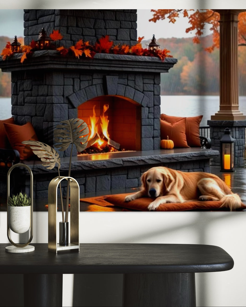 Fall fireplace on the Lake in the Rain