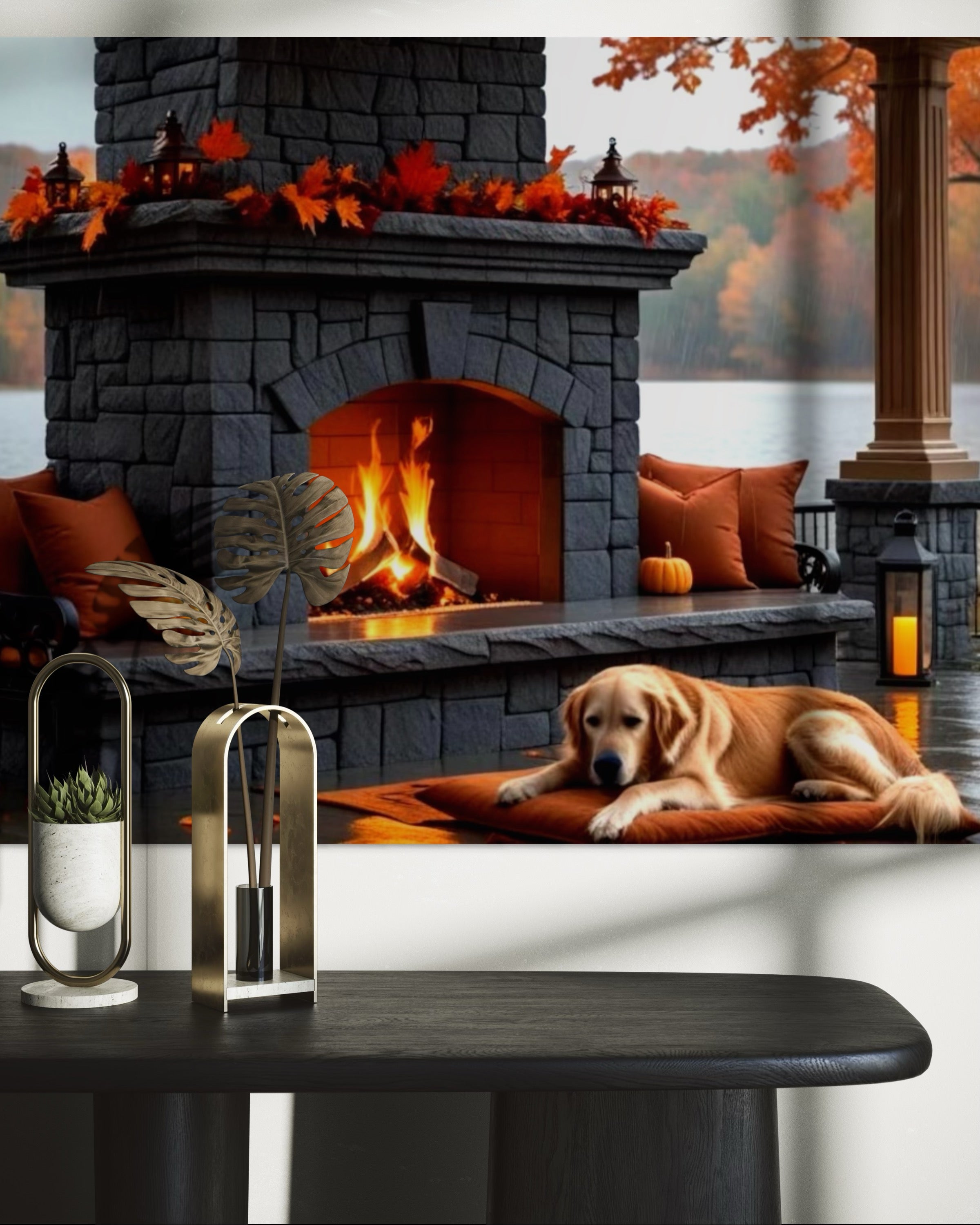 Fall fireplace on the Lake in the Rain