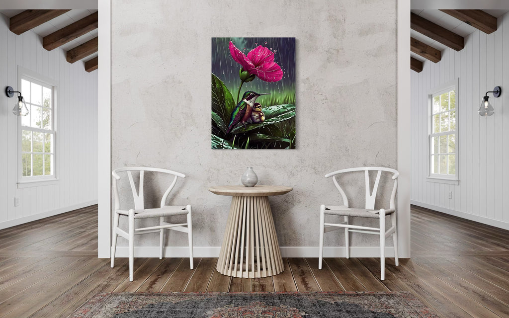 Hummingbirds in the Rain under a Flower